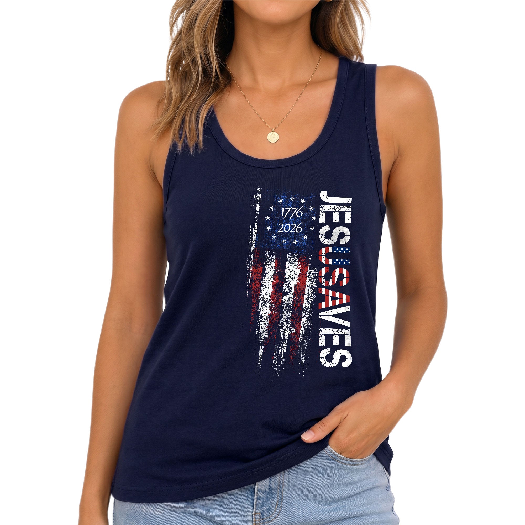 JESUSAVES Women's Tank Top Patriotic Flag 1776-2026 Christian Faith Graphic Shirt