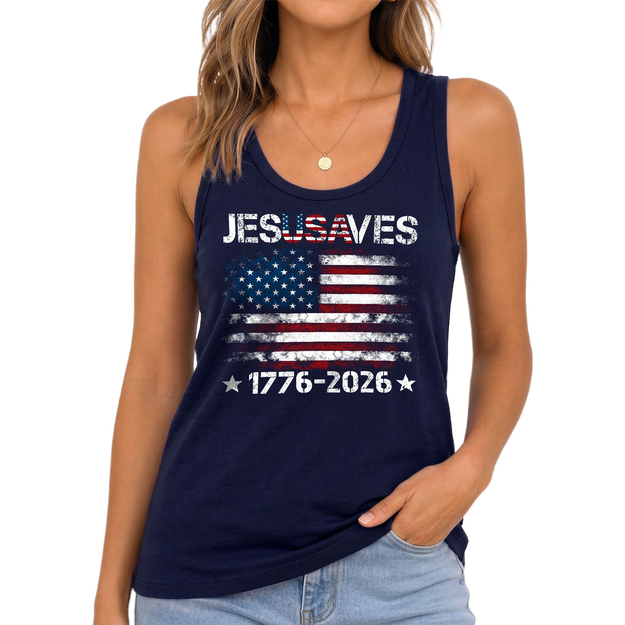 JESUSAVES Women's Tank Top Patriotic American Flag 1776-2026 Christian Faith Shirt