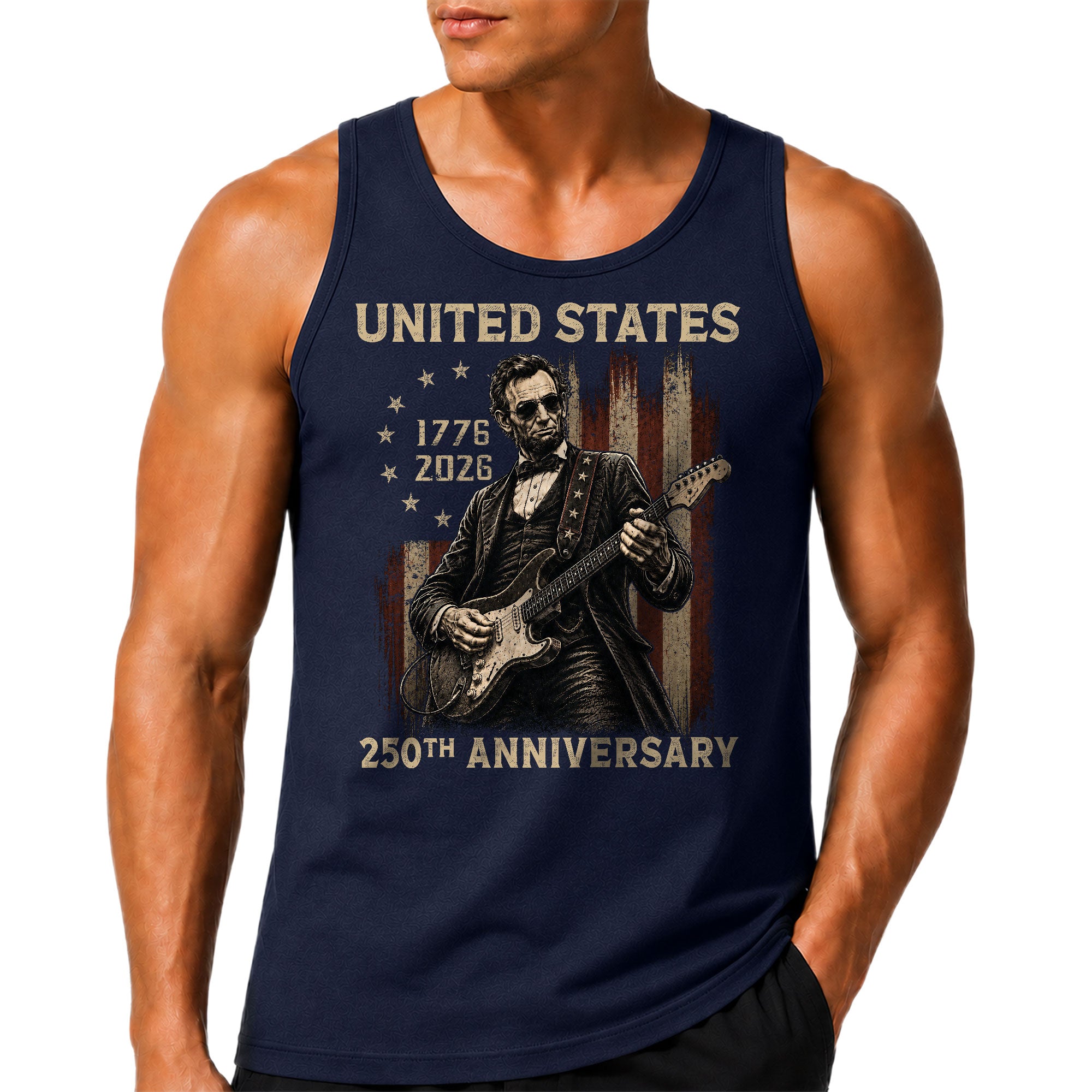 Rockstar Lincoln Men Tank Top - Vintage 1776 2026 Guitar US 250 Years Patriotic Shirt
