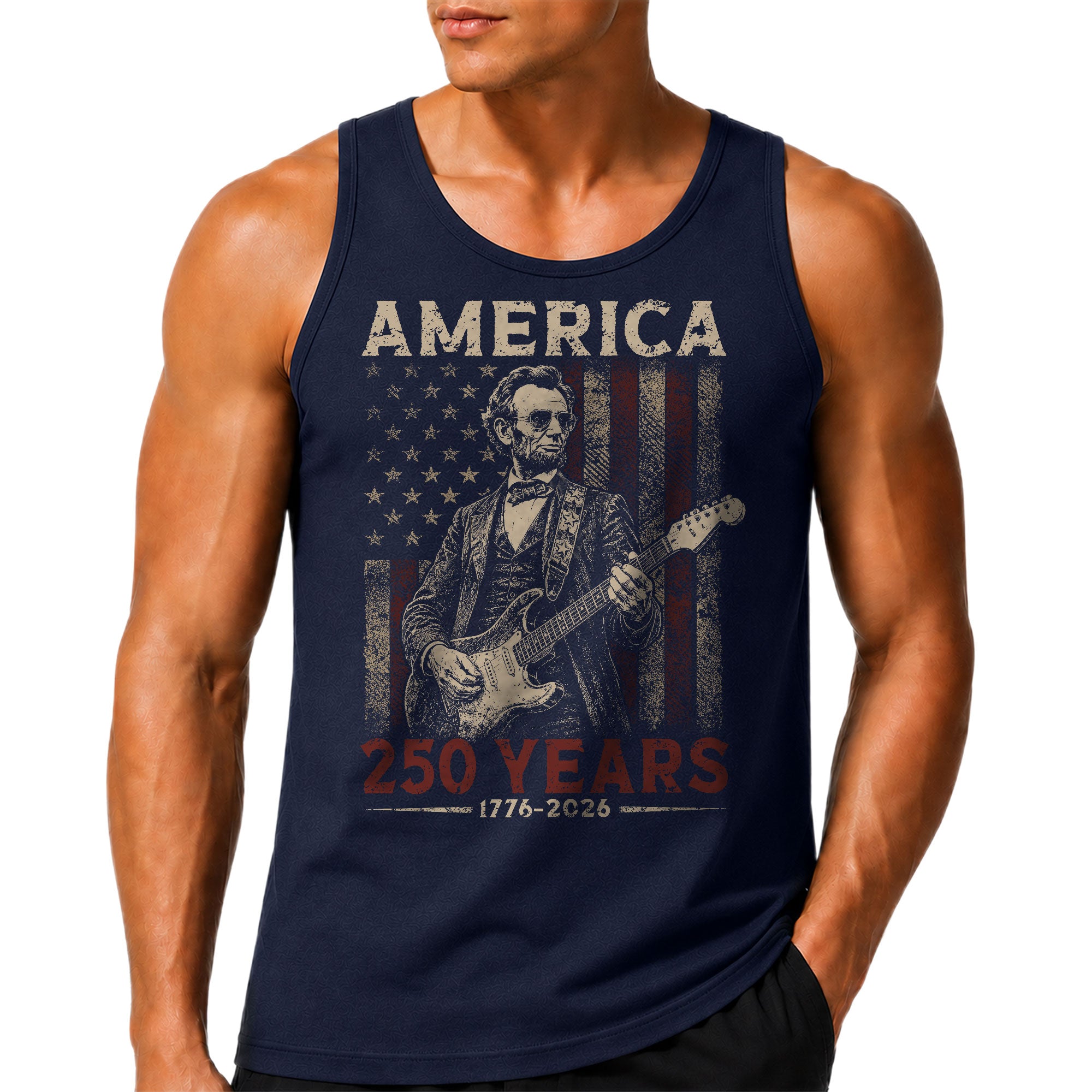 Abraham Lincoln Guitar Men Tank Top - Patriotic 1776 2026 Distressed US Flag Mens Shirt