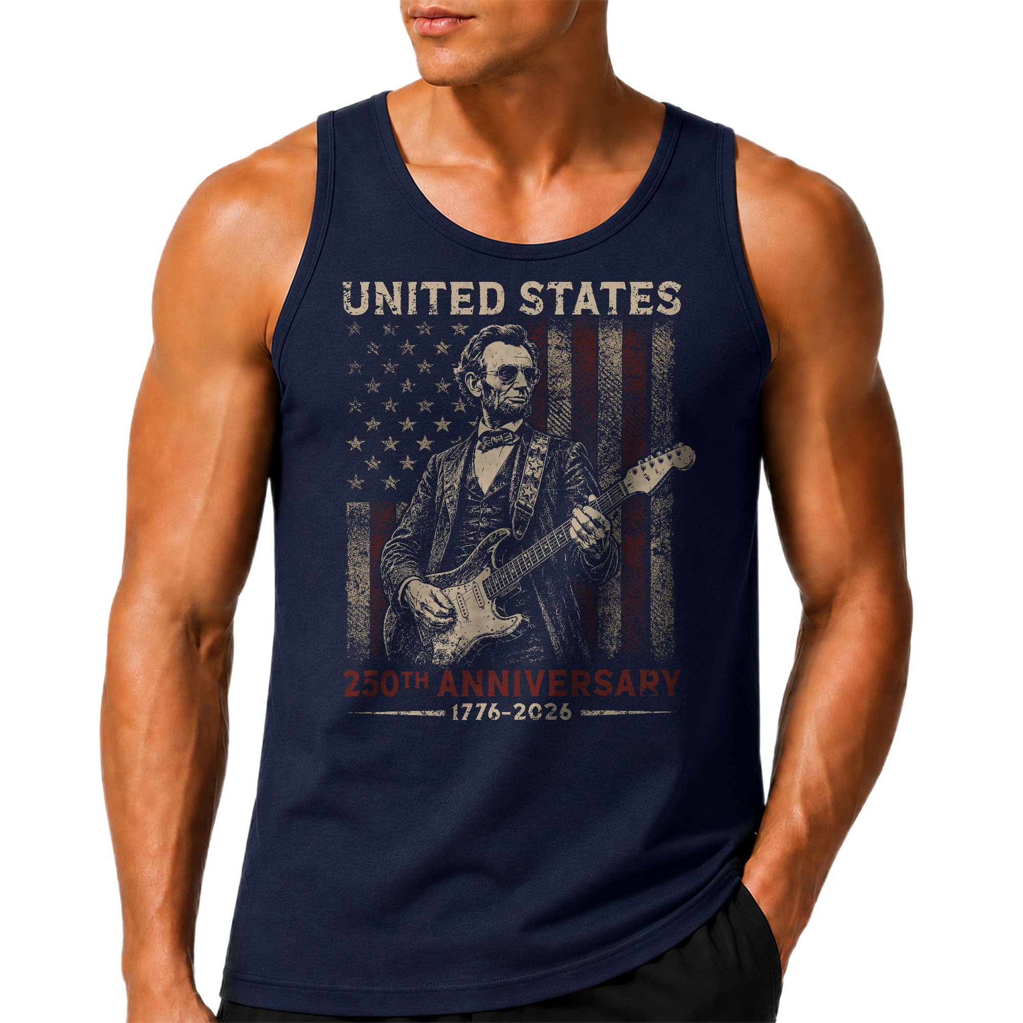 Abraham Lincoln Guitar Men Tank Top - Patriotic 1776 2026 Distressed US Flag Mens Shirt