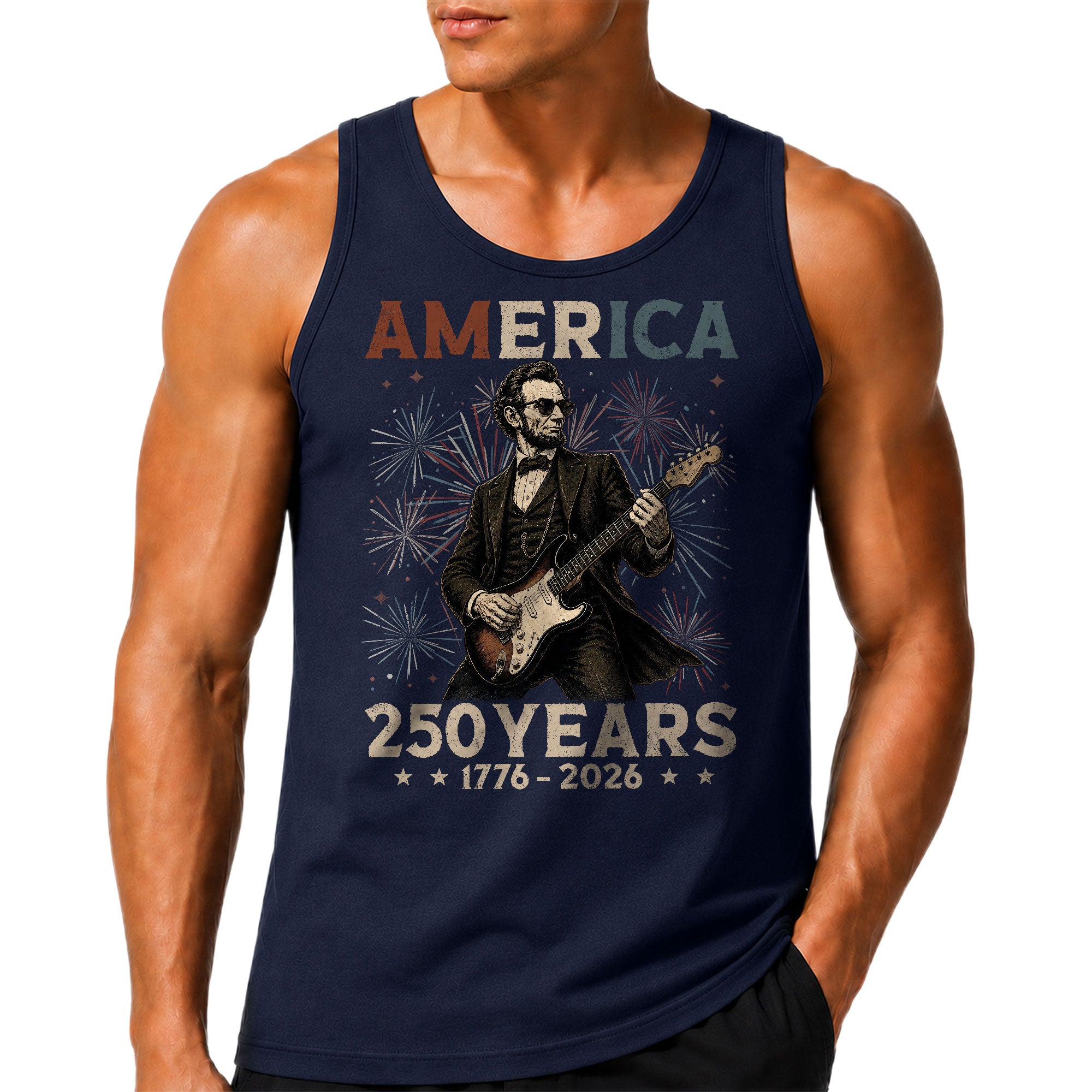 Rockstar Lincoln Fireworks Men Tank Top - Patriotic 1776 2026 Guitar Vintage Gym Shirt