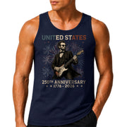 Rockstar Lincoln Fireworks Men Tank Top - Patriotic 1776 2026 Guitar Vintage Gym Shirt - Rust Field Wear