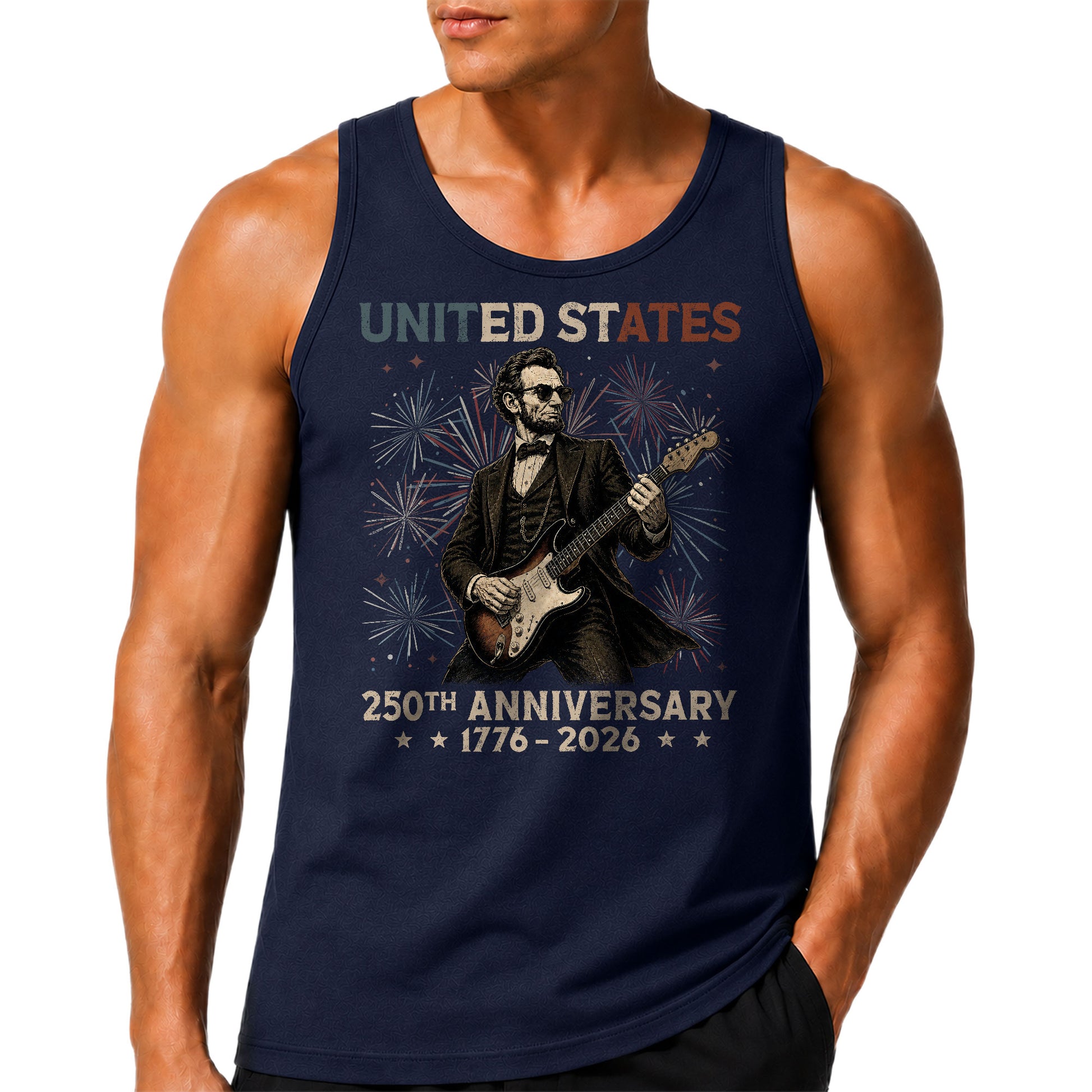 Rockstar Lincoln Fireworks Men Tank Top - Patriotic 1776 2026 Guitar Vintage Gym Shirt - Rust Field Wear