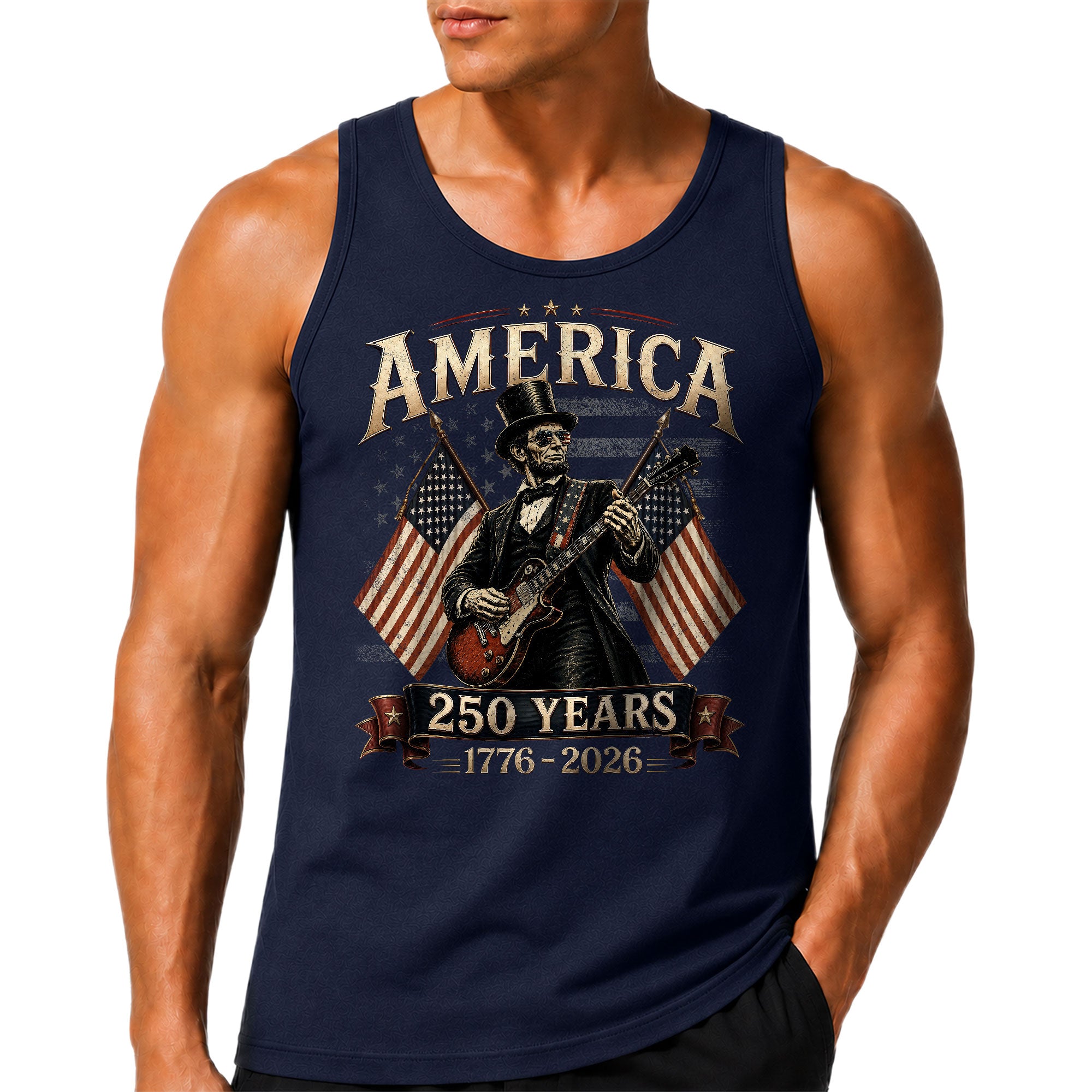 Rockstar Lincoln Guitar Men Tank Top - Retro Fireworks 1776 2026 Quarter Millennial Tee