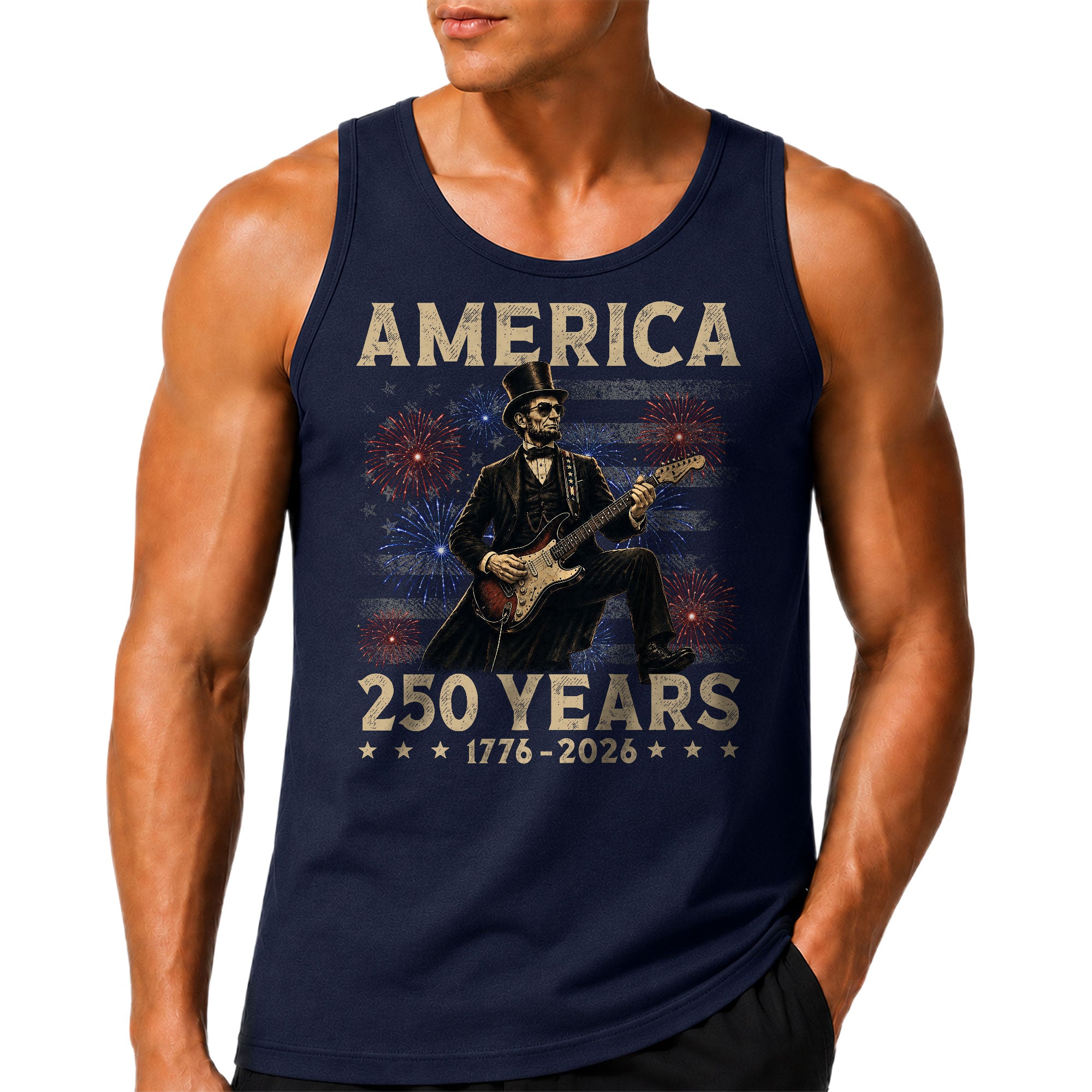 Honest Abe Guitar Men Tank Top - Patriotic Fireworks 1776 2026 Retro July 4th Mens Tee