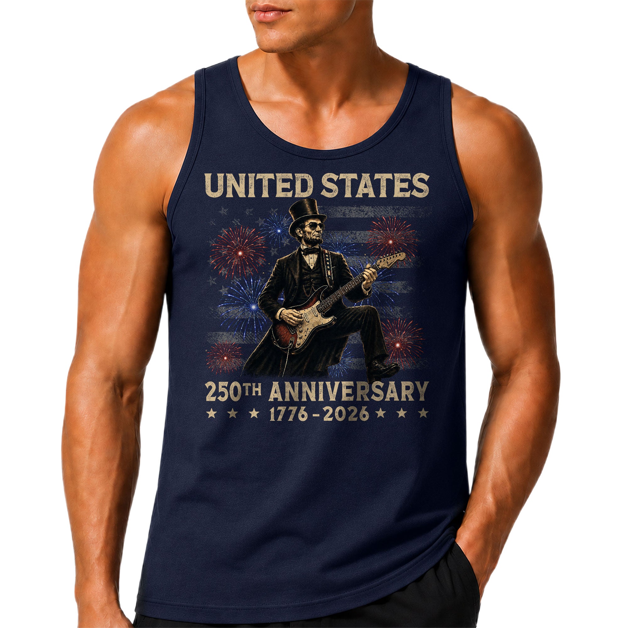 Honest Abe Guitar Men Tank Top - Patriotic Fireworks 1776 2026 Retro July 4th Mens Tee