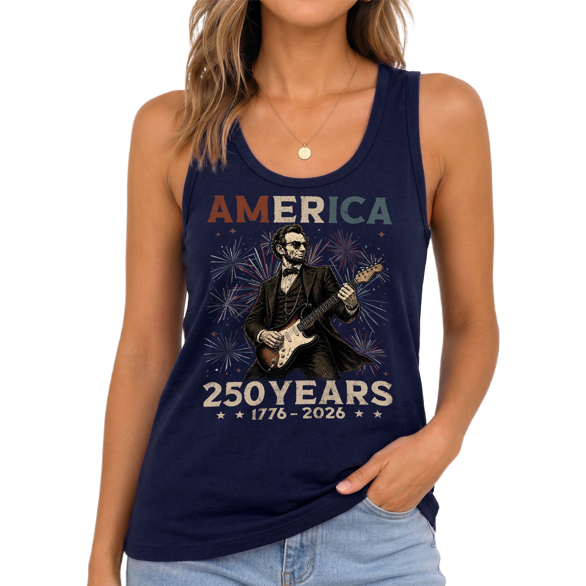Women's Patriotic 1776-2026 Lincoln Tank - Graphic Fireworks Sleeveless Summer Top