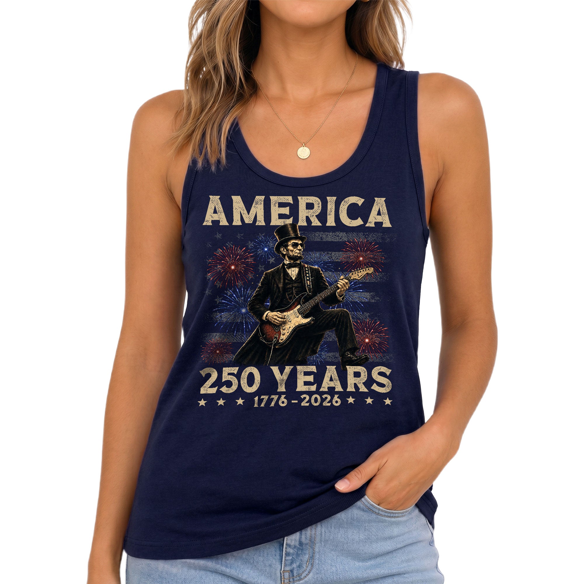 Patriotic 1776-2026 Lincoln Tank - Women's Graphic Fireworks Sleeveless Summer Top