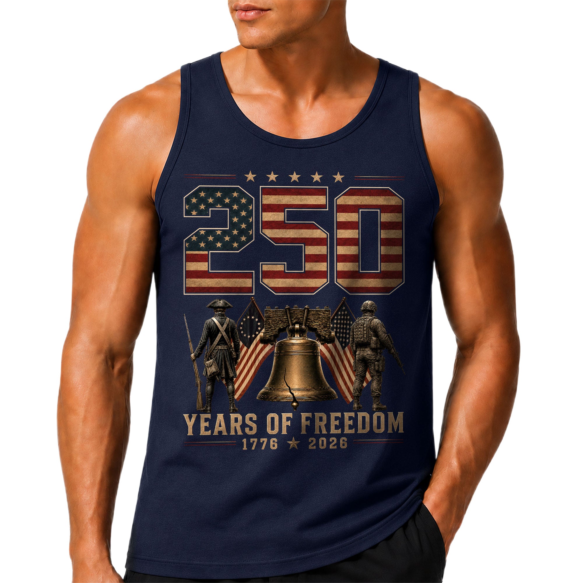 Men Tank Top 250 Years of Freedom Shirt 1776 2026 Liberty Bell Patriotic Soldier Tee