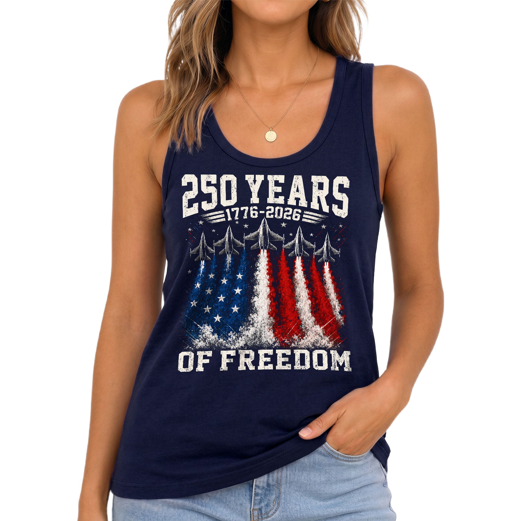 Women Tank Top 250 Years of Freedom Shirt 1776 2026 Fighter Jet Patriotic Graphic Tee