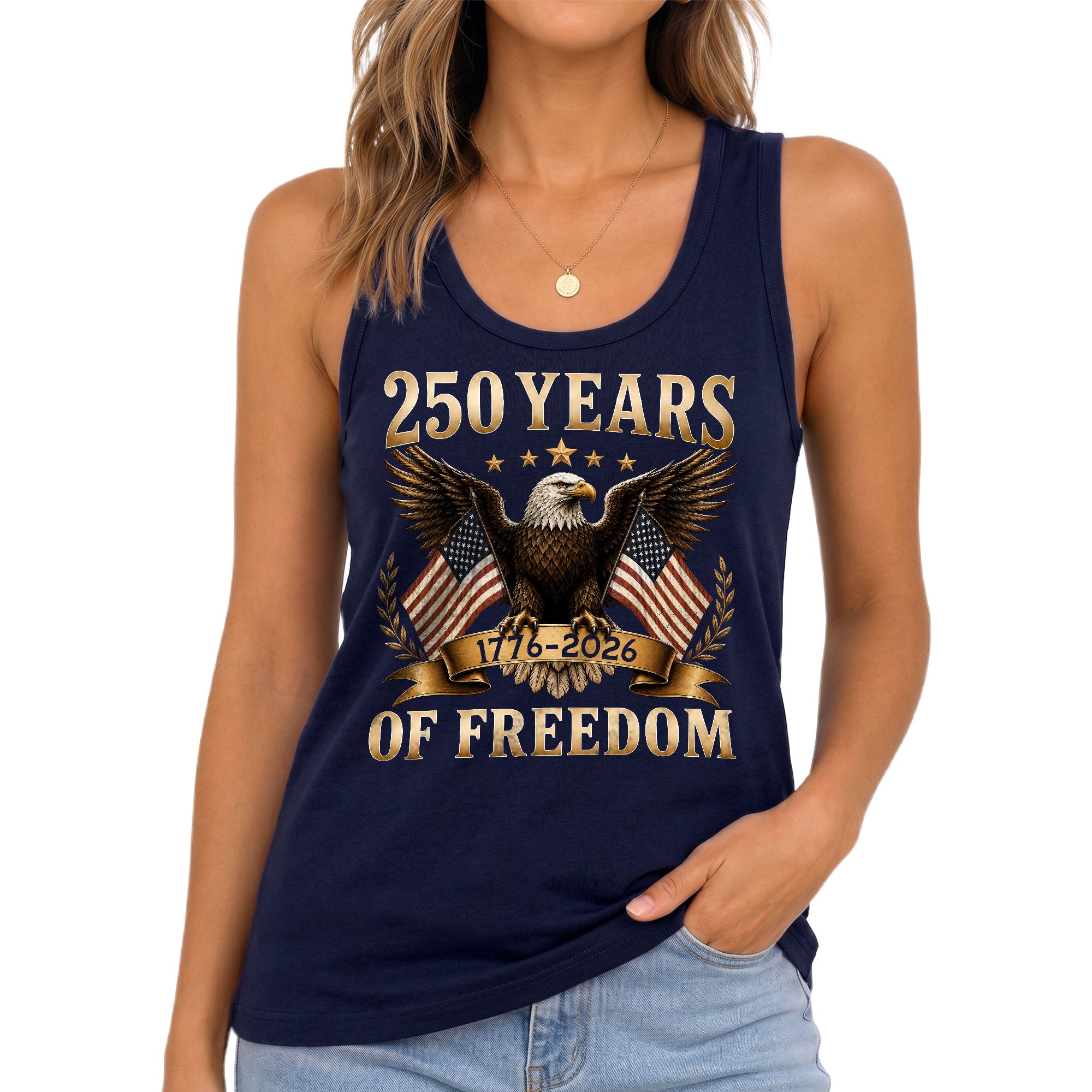 Women Tank Top 250 Years of Freedom Shirt 1776 2026 Gold Eagle Patriotic US Flag Tee