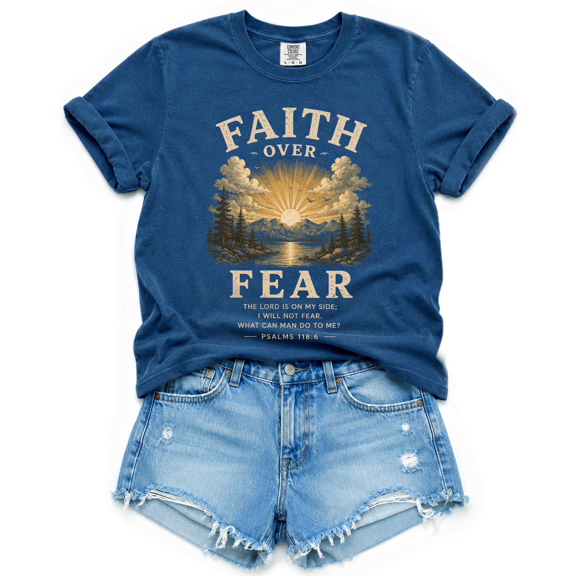 Faith Over Fear Christian Women Shirt Vintage Mountain Sunset Bible Verse T-Shirt