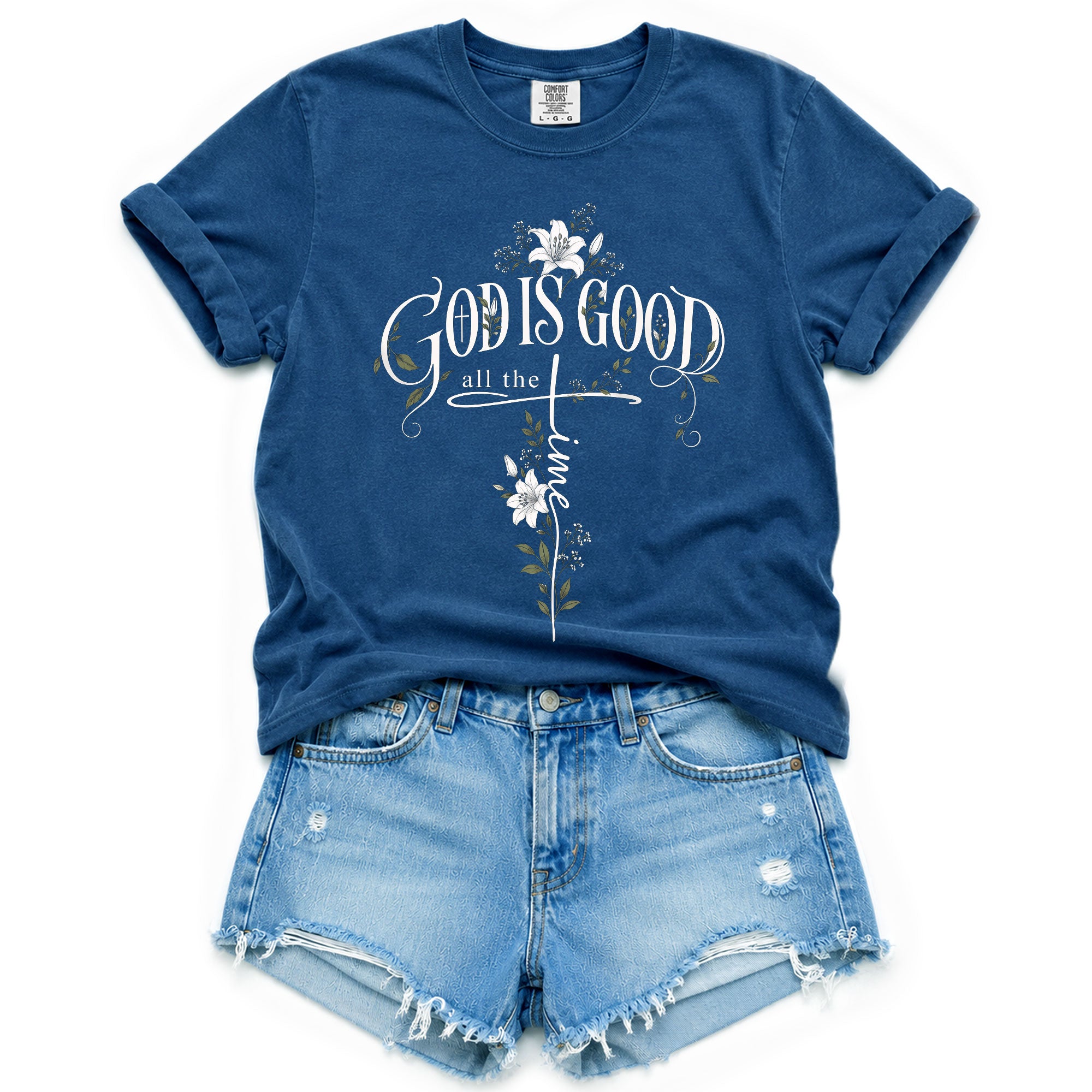 God Is Good All The Time Cross Floral Christian Graphic Casual Crewneck Tee Women