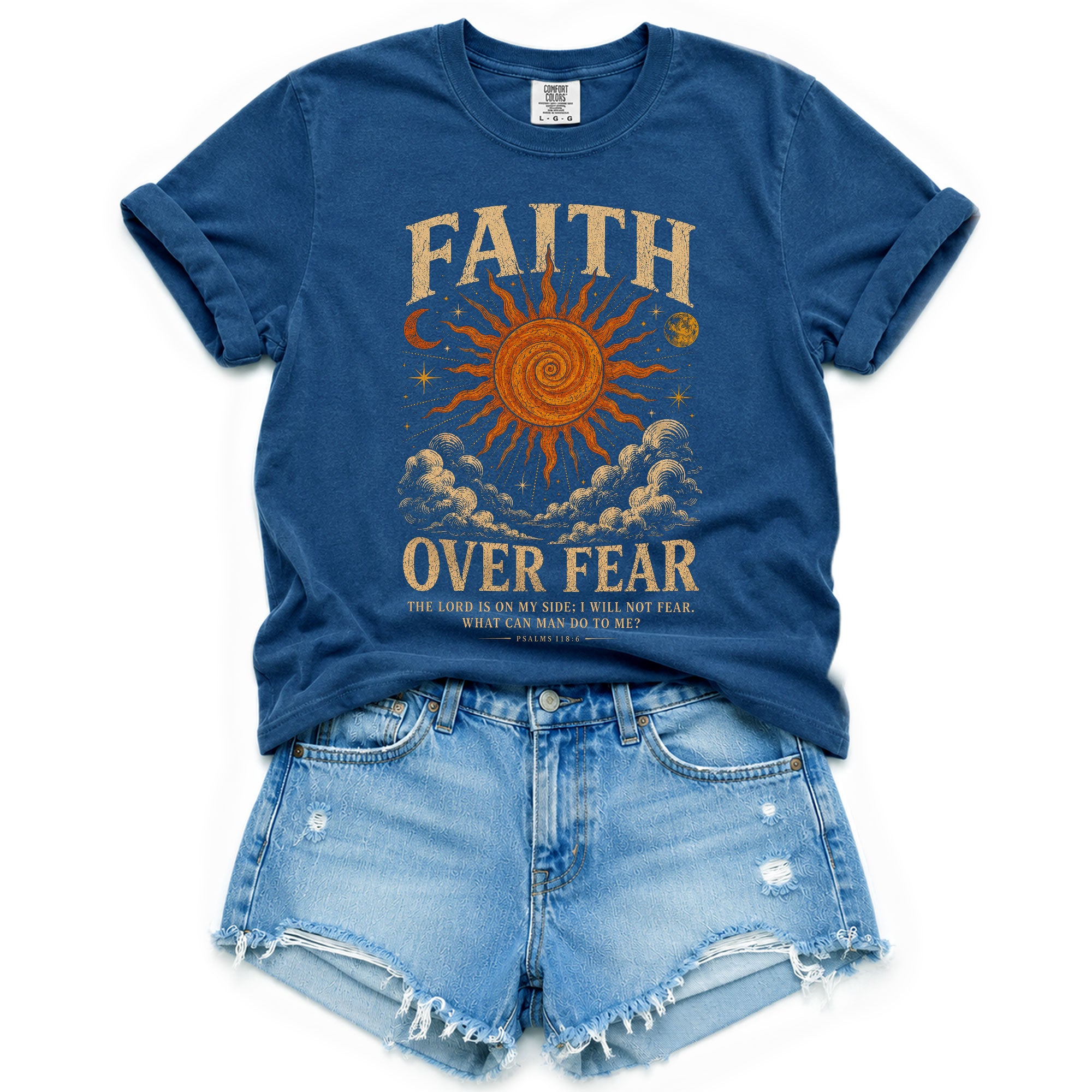 Faith Over Fear T Shirt Christian Women Sun Moon Clouds Psalm 118 6 Religious Tee