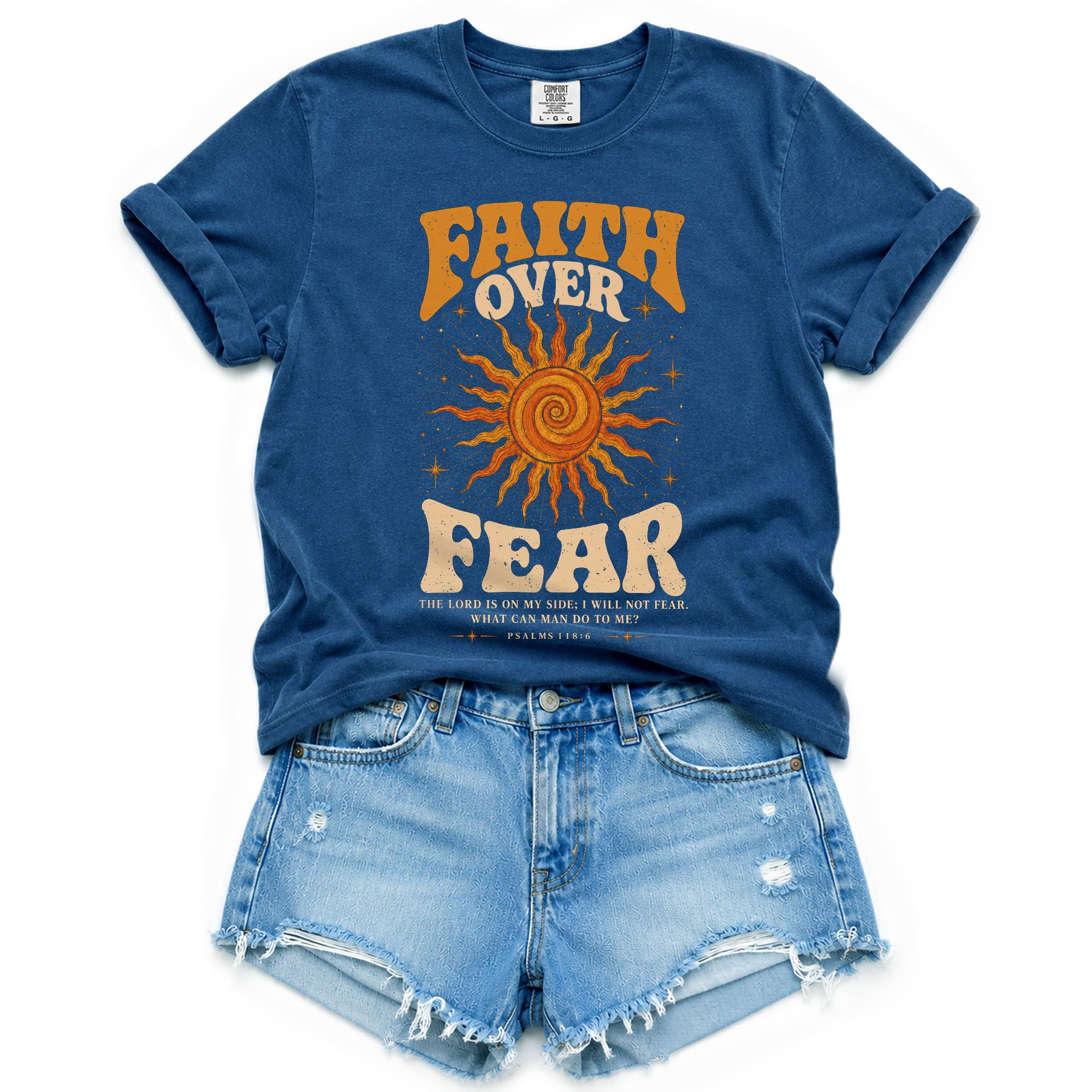 Faith Over Fear T Shirt Christian Women Retro Sun Stars Psalm 118 6 Religious Tee