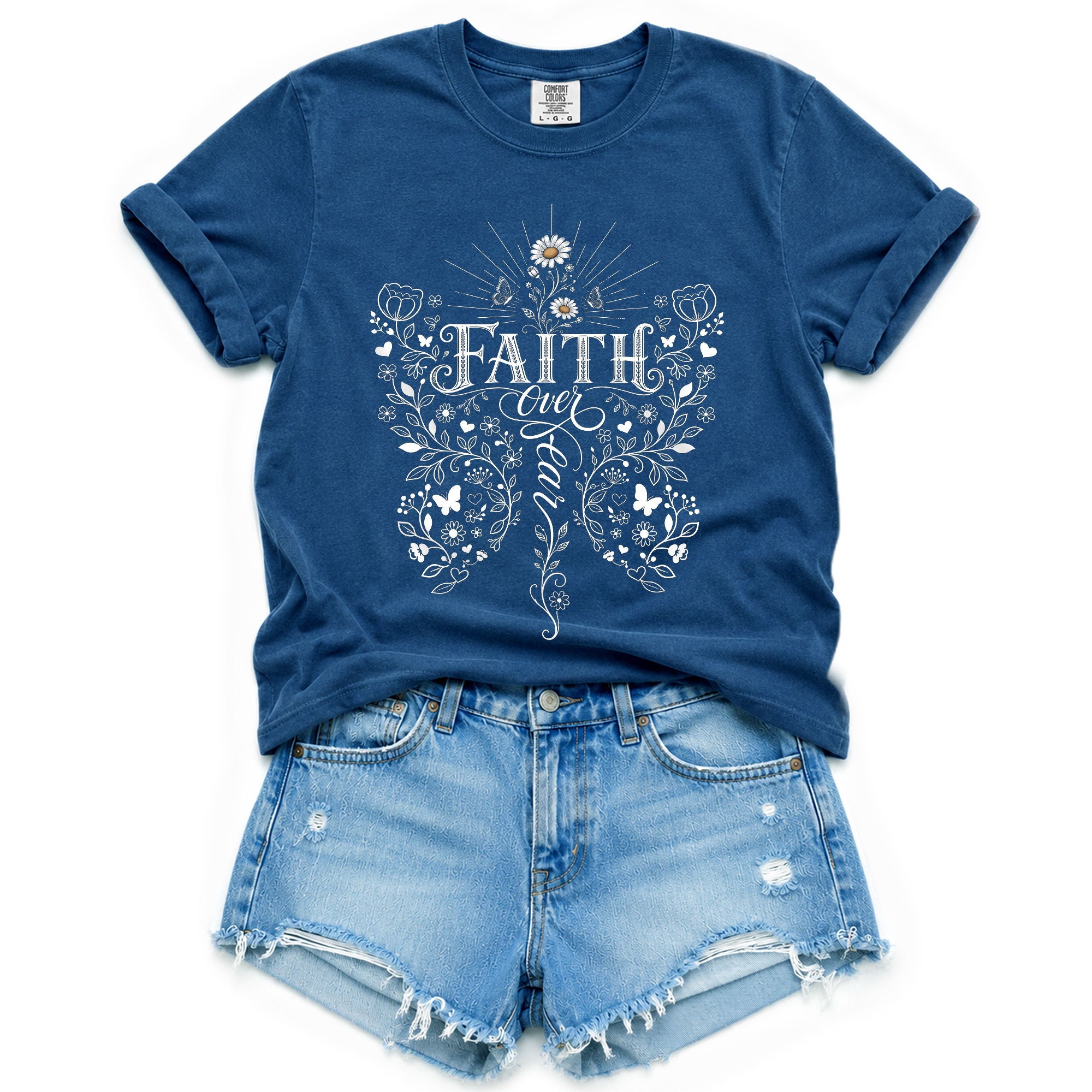 Faith Over Fear Butterfly Floral Christian Graphic Casual Crewneck Tee Shirt Women