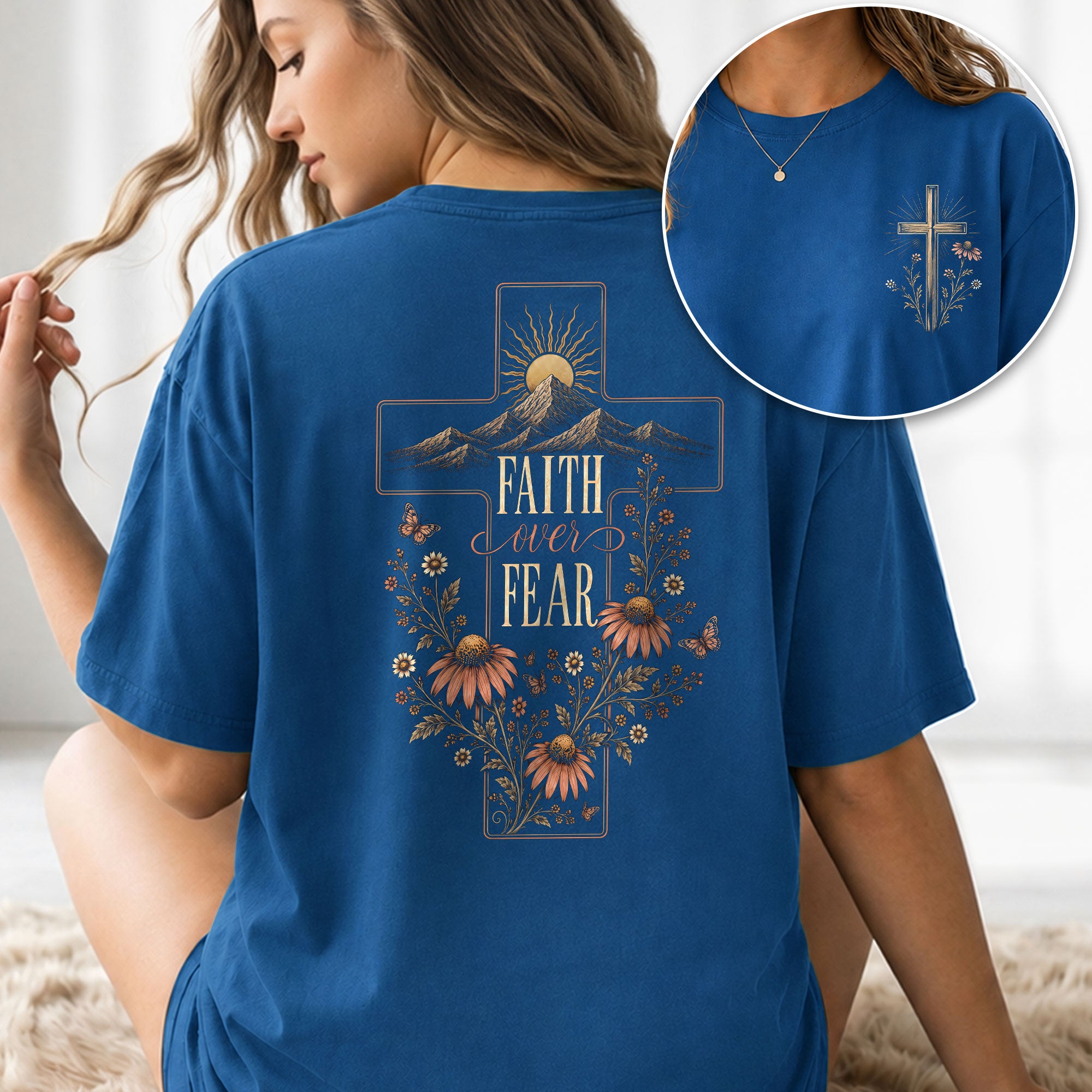 Faith Over Fear Mountain Cross Floral Christian Graphic Casual Crewneck Tee Women