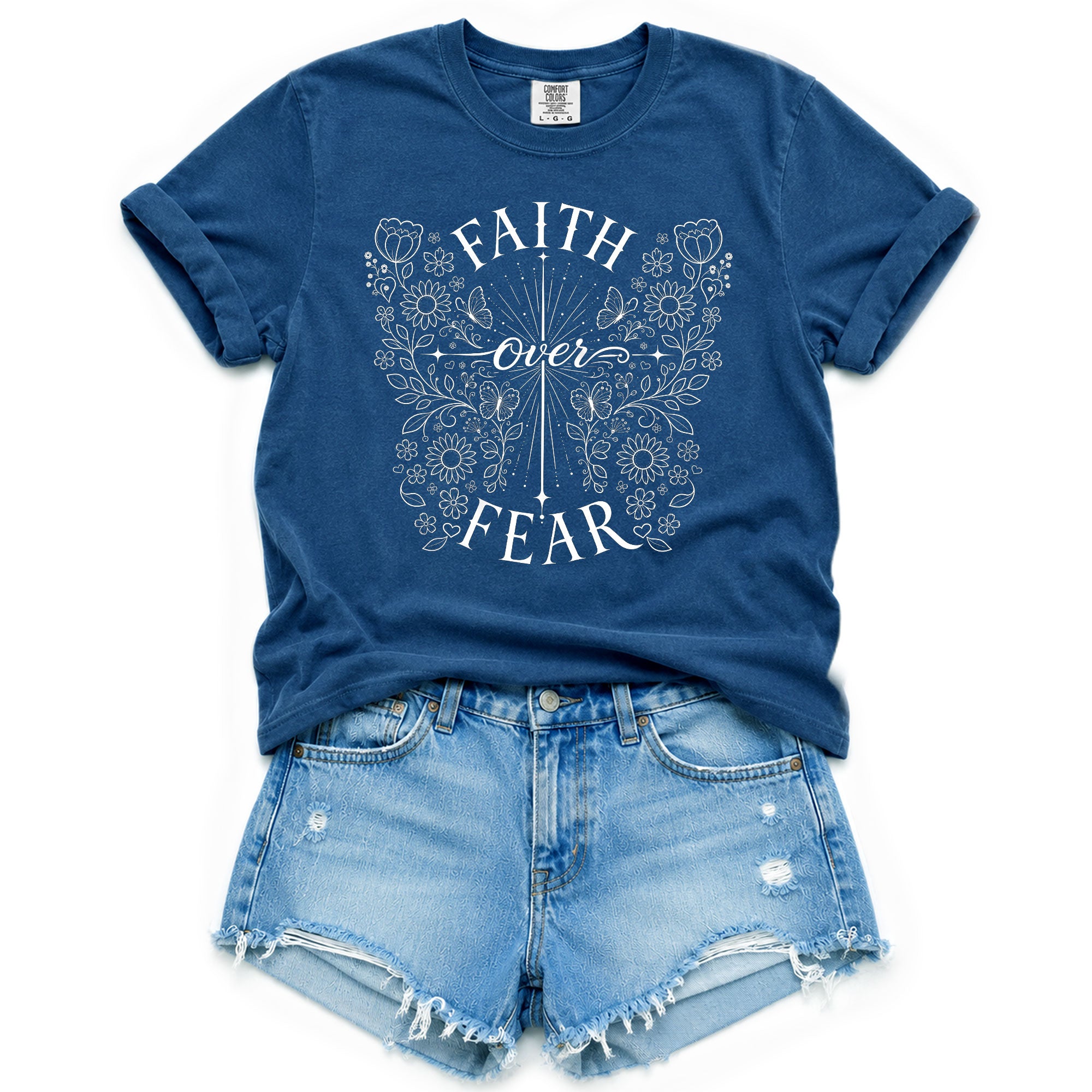Faith Over Fear Shirt Christian Women Butterfly Floral Line Art Shirt Cross Jesus Graphic Tee