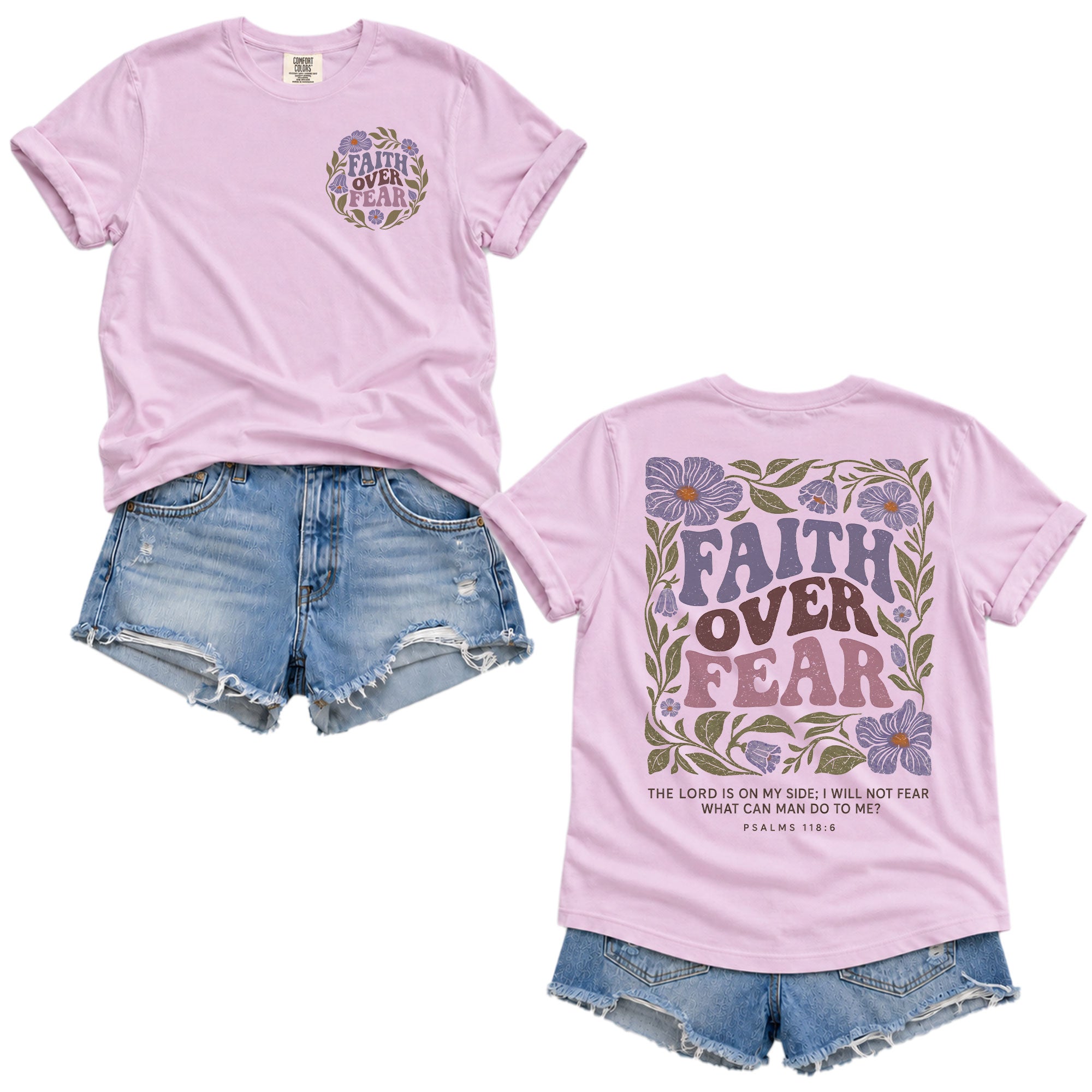 Faith Over Fear Christian Women Shirt Purple Floral Bible Verse T-Shirt Psalms 118:6