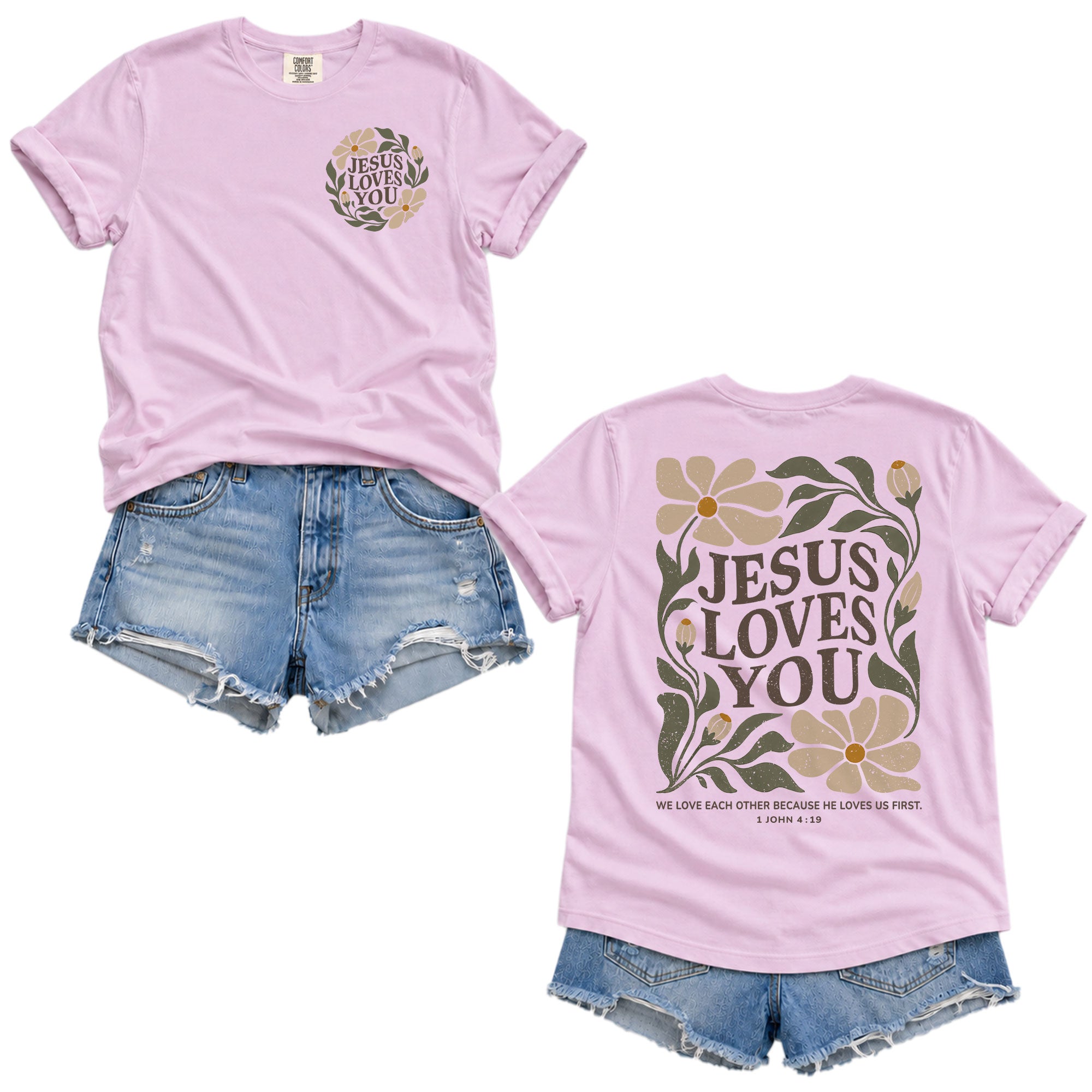 Jesus Loves You Retro Floral 1 John 4 19 Scripture Christian T Shirt Apparel Women