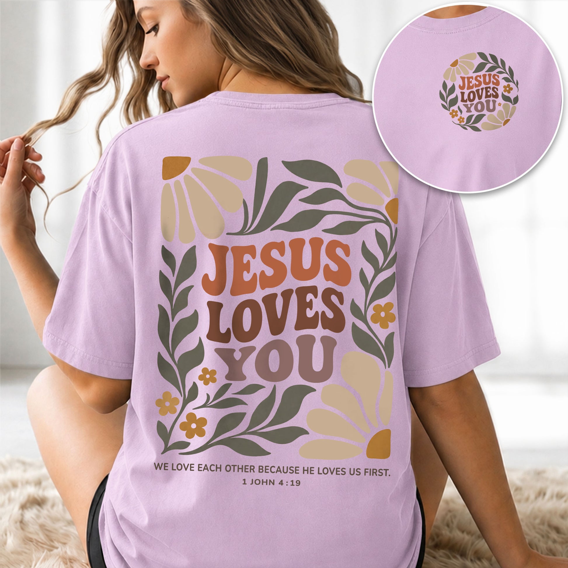 Jesus Loves You Retro Botanical Earth Tone 1 John 4 19 Christian T Shirt Apparel Women - Rust Field Wear