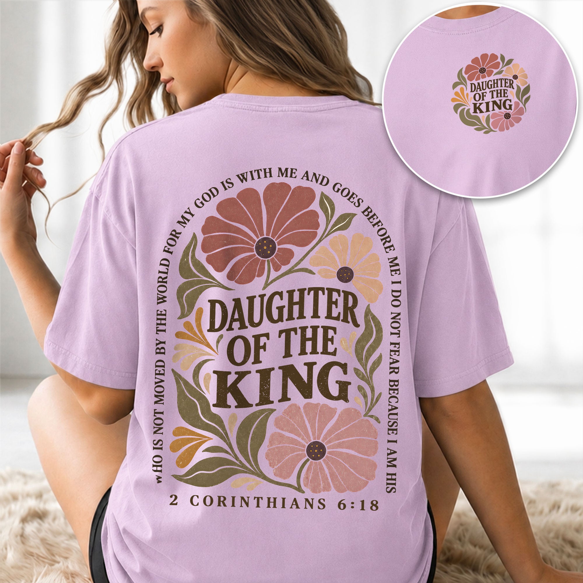 Daughter Of The King T-Shirt Christian Retro Floral Bible Verse Women Graphic Tee - Rust Field Wear
