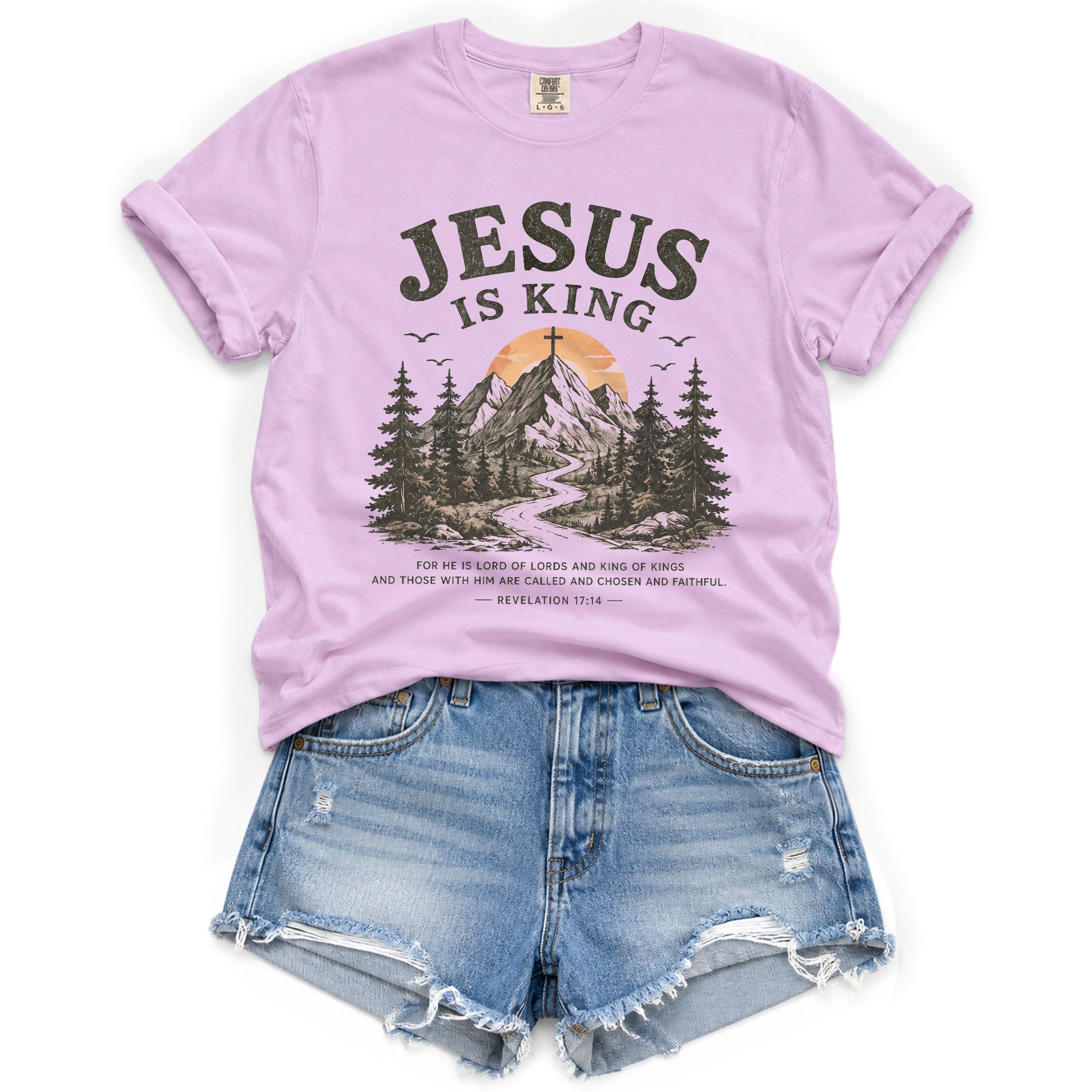 Jesus Is King Mountain Cross Trees Revelation 17 14 Graphic Christian T Shirt Women