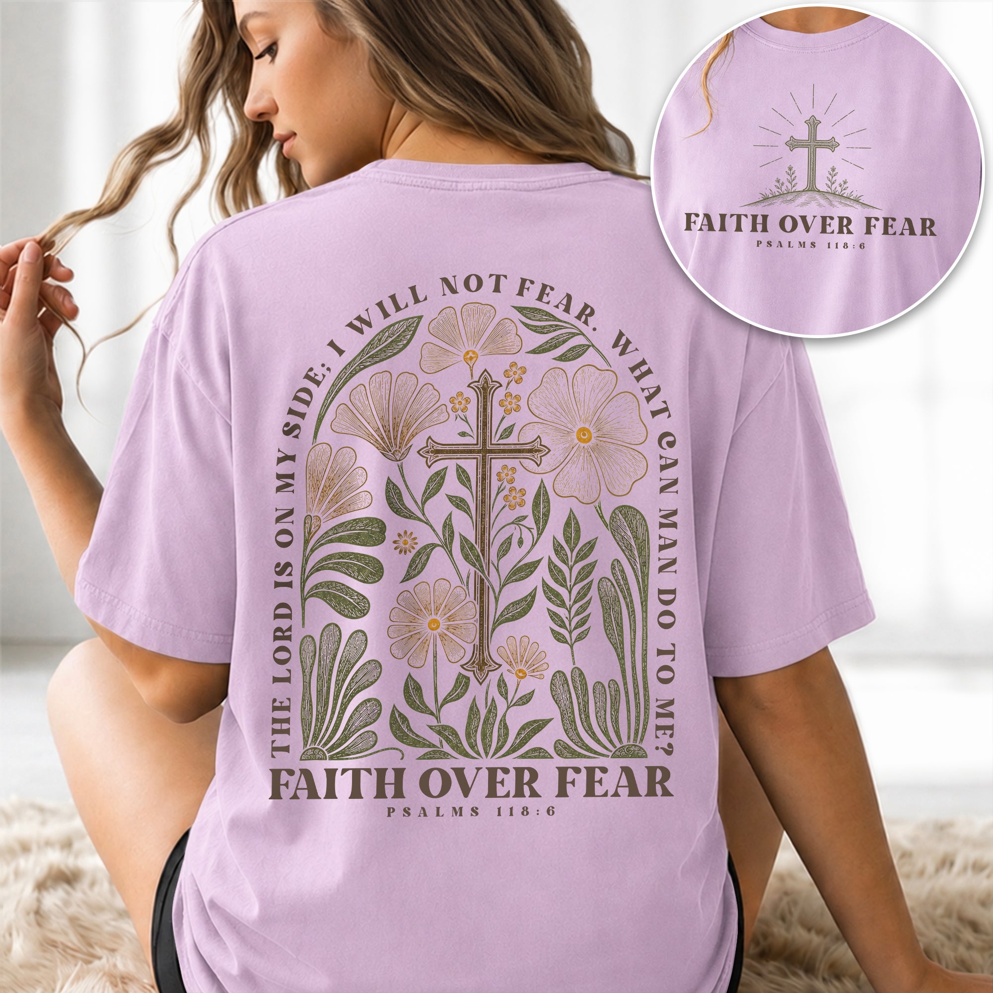 Faith Over Fear Shirt Christian Women Botanical Floral Cross Tee Psalm 118 Bible Verse