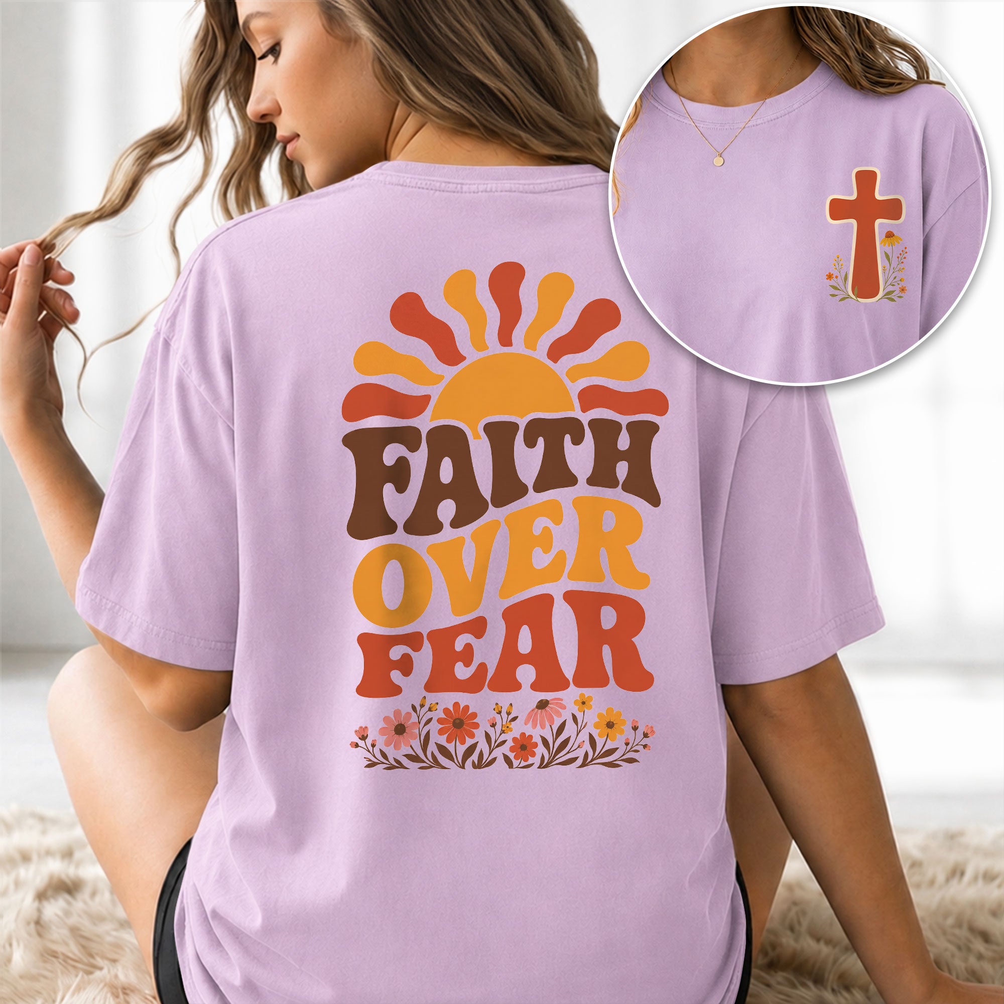 Faith Over Fear Retro Sun Floral Christian Graphic Casual Crewneck Tee Shirt Women