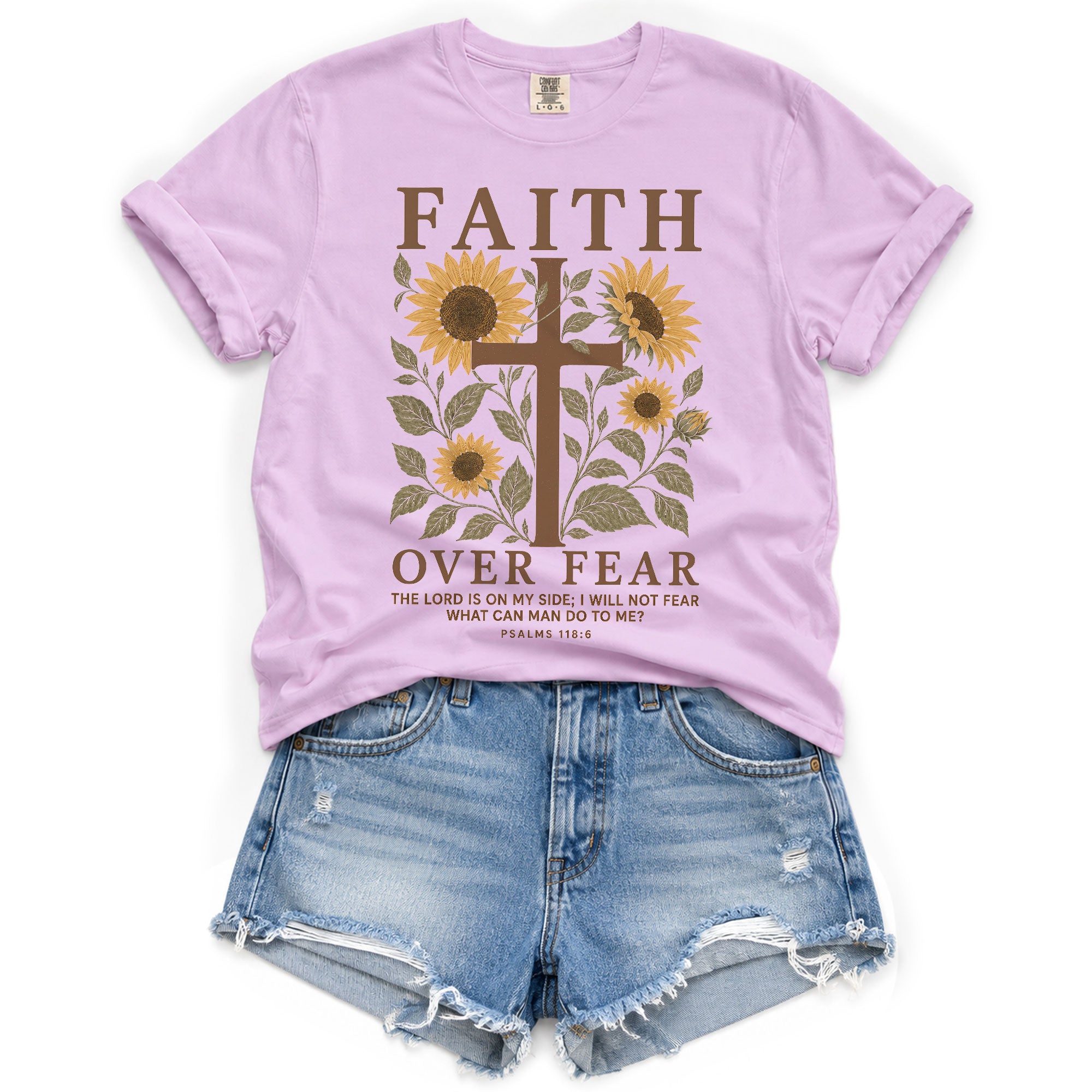 Faith Over Fear Shirt Christian Women Sunflower Cross Shirt Psalm 118 Bible Verse Floral Tee
