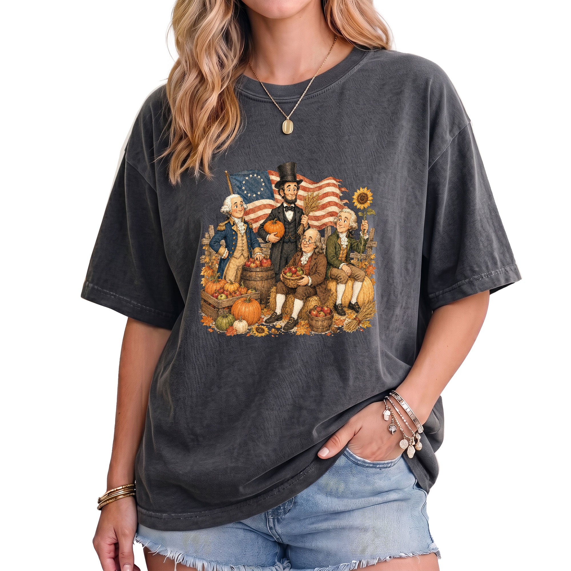 Historical Figures Fall T-Shirt Patriotic Autumn Graphic Tee for Thanksgiving Lovers
