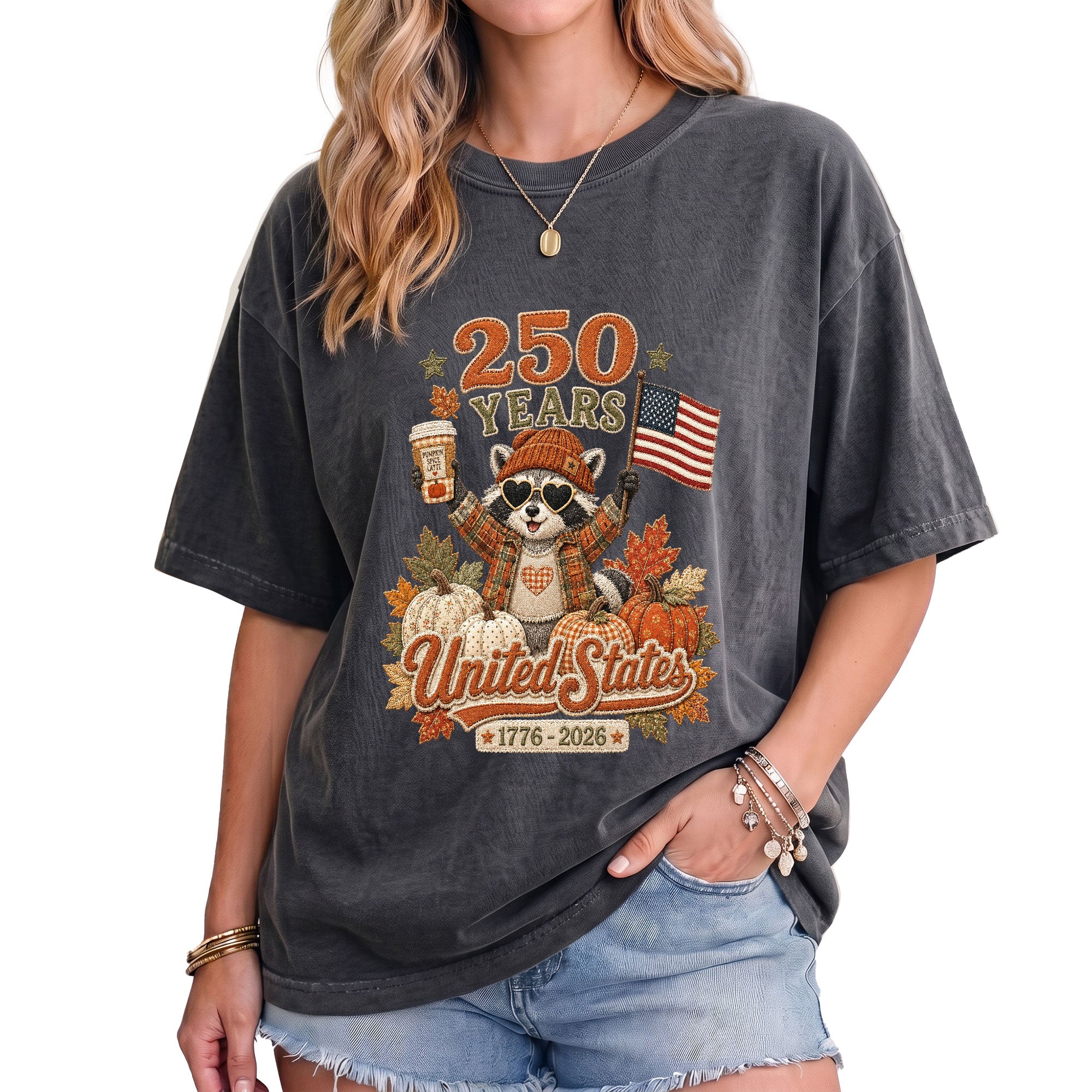 Raccoon Fall T-Shirt: 1776-2026 United States Autumn Graphic Tee for Thanksgiving