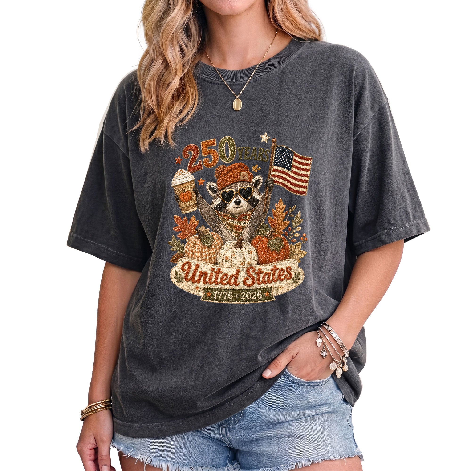1776-2026 United States Fall Graphic Tee: Cute Raccoon Autumn Pumpkin Spice T-Shirt