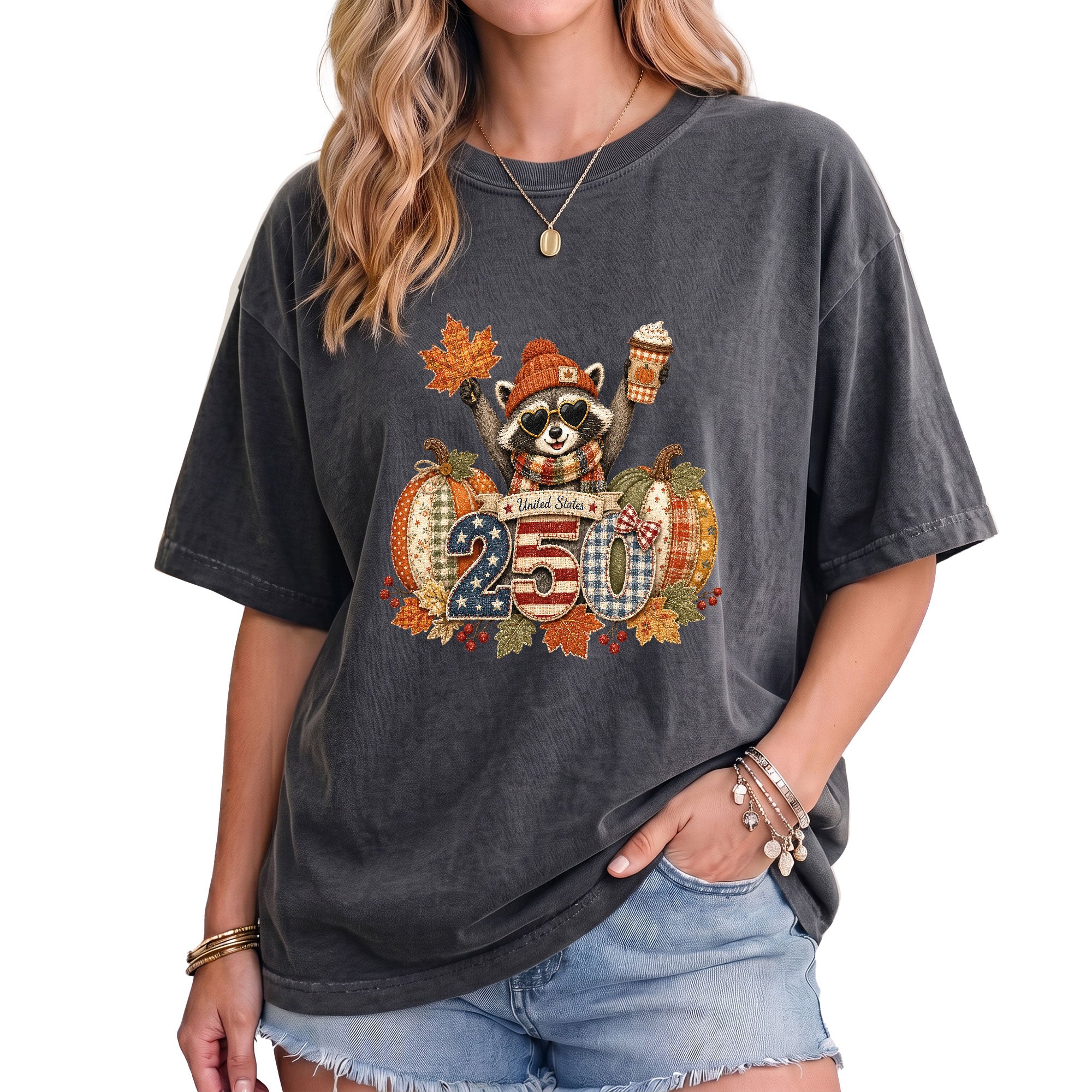 Cute Raccoon 250 Years United States Shirt: Cozy Autumn Pumpkin Seasonal Graphic Tee