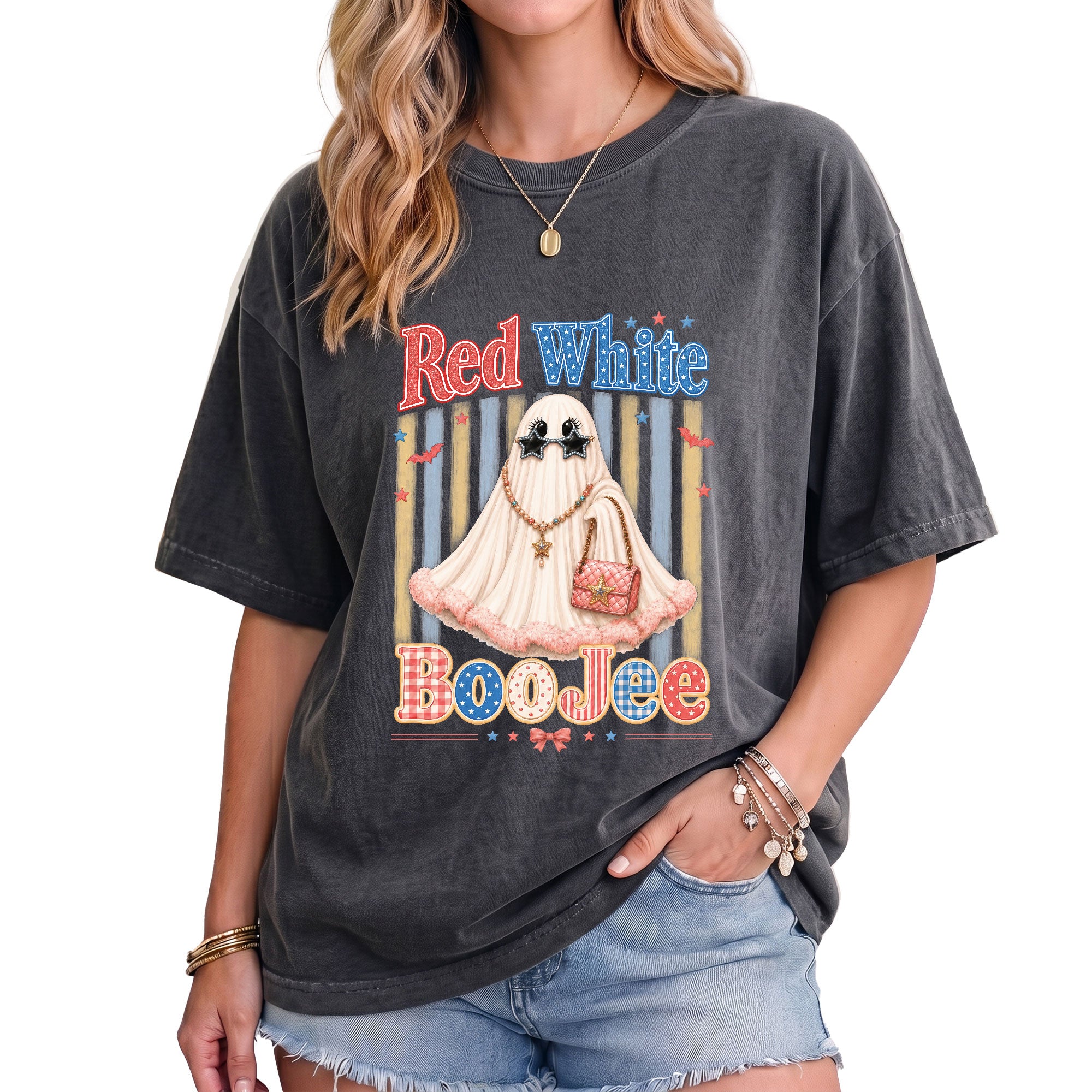 Red White BooJee Ghost Graphic T Shirt Trendy Patriotic Apparel For Unisex Wear