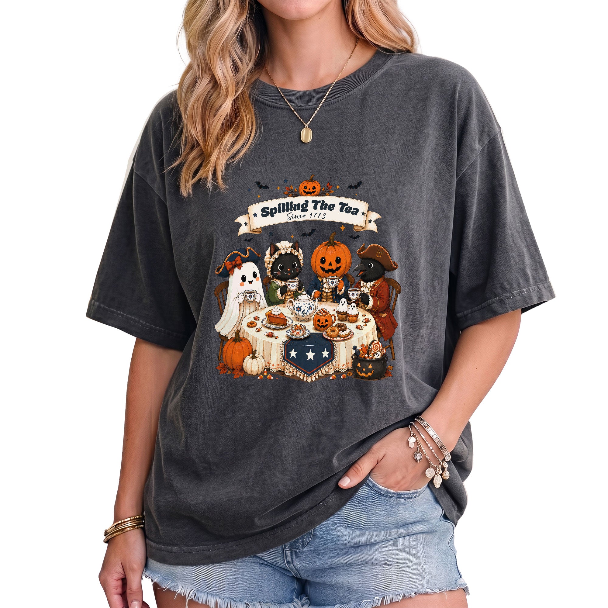 Spilling The Tea Since 1773 Tee Cute Aesthetic Halloween Ghost Cat Pumpkin Fall Shirt