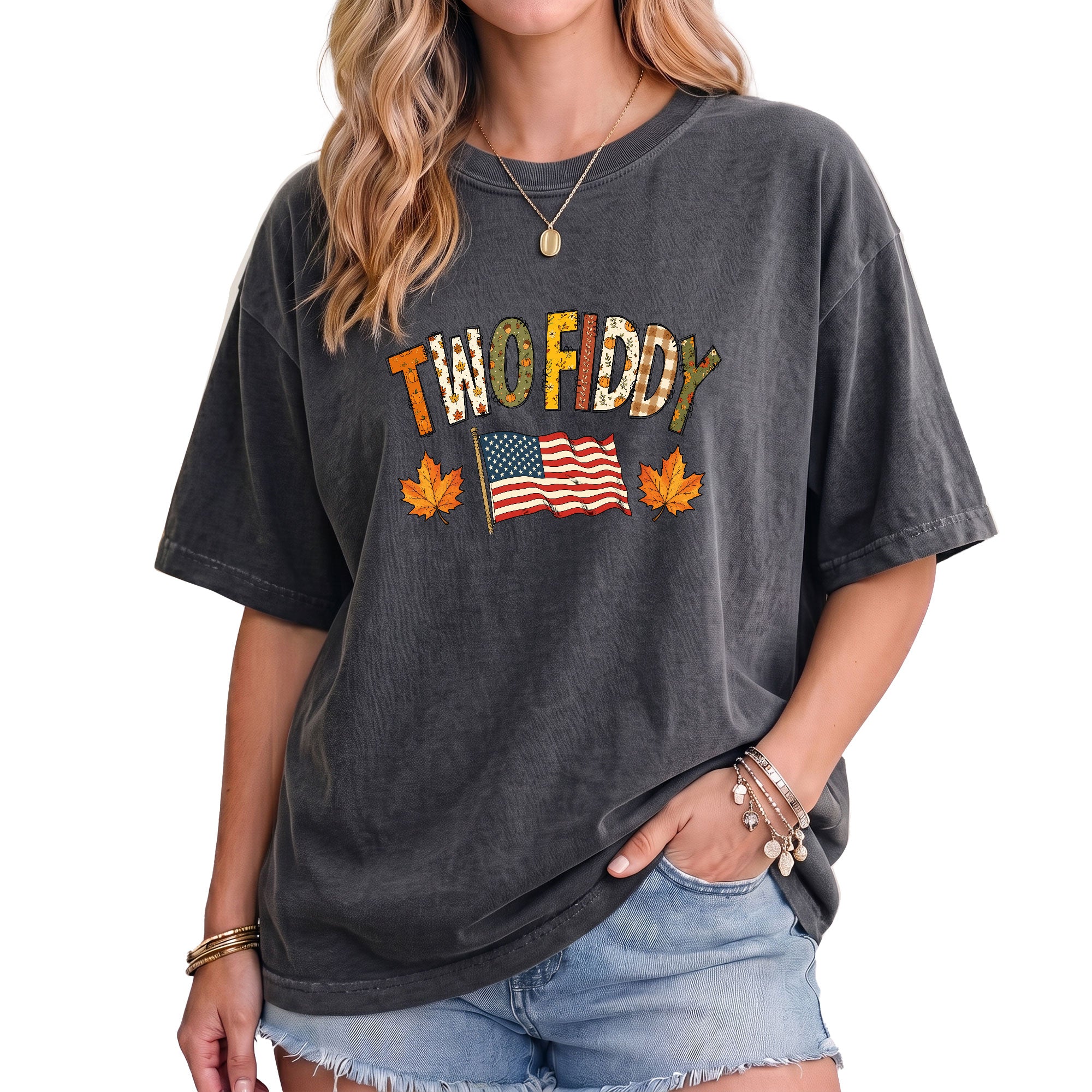 Two Fiddy Shirt Fall Vibes US Flag Maple Leaf Autumn Patriotic Graphic Tee