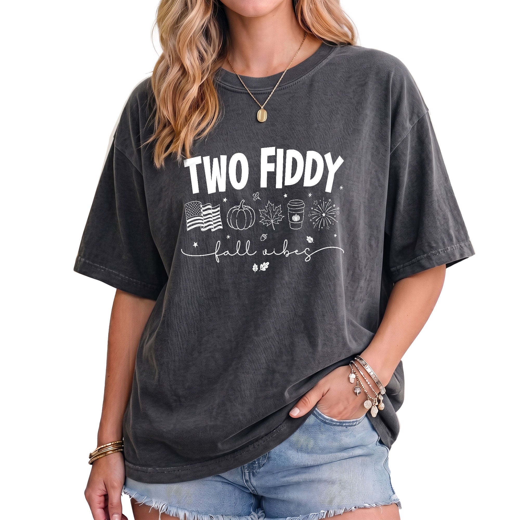 Two Fiddy Fall Shirt Pumpkin Spice Coffee US Flag Fireworks Autumn Graphic