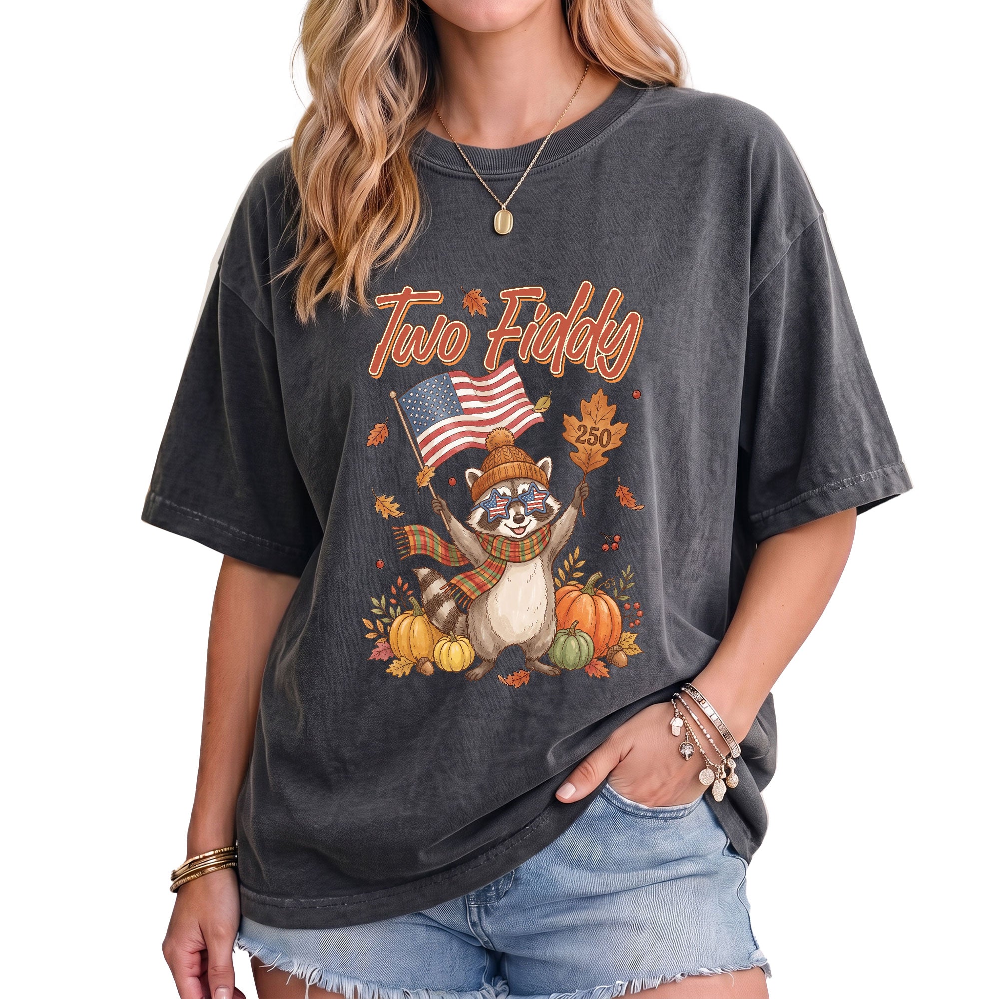 Two Fiddy Fall Vibes Shirt Cute Raccoon Pumpkin US Flag Autumn Graphic Tee