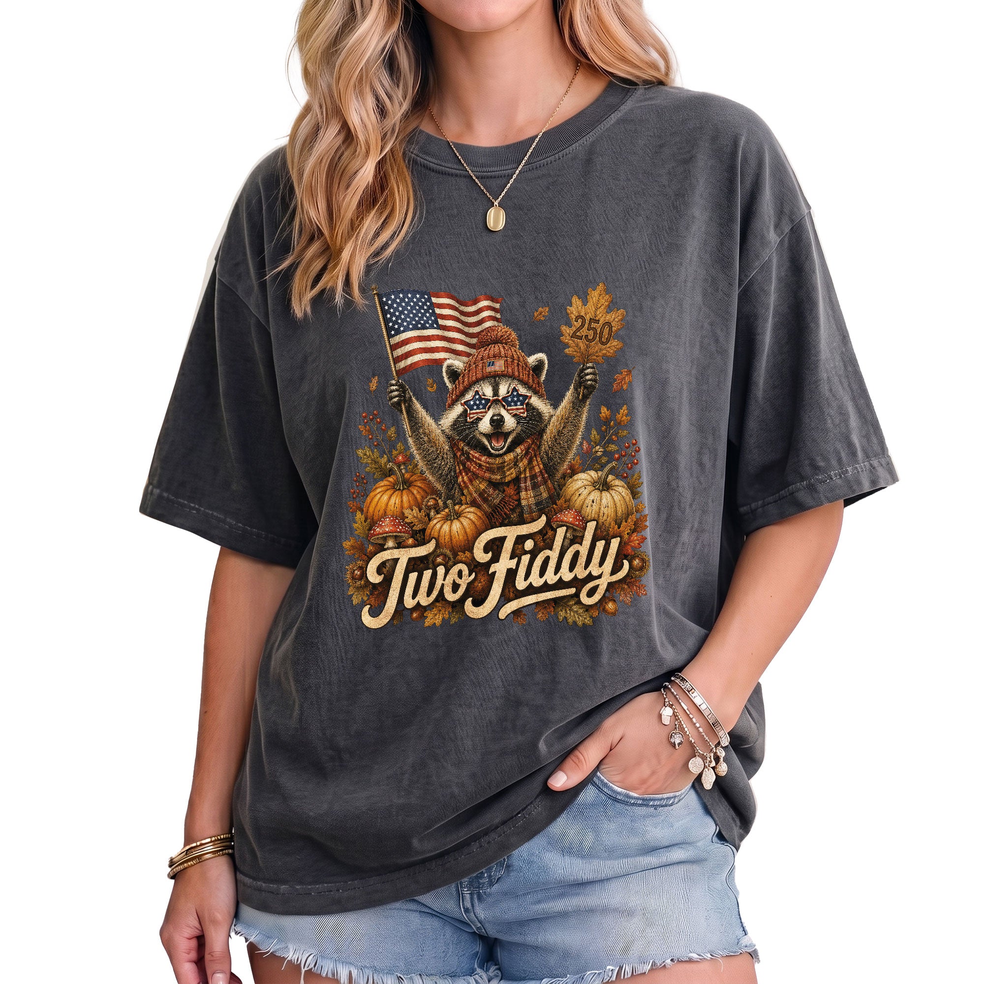 Patriotic Fall Shirt Two Fiddy Retro Raccoon Pumpkin US Flag Autumn Graphic Tee