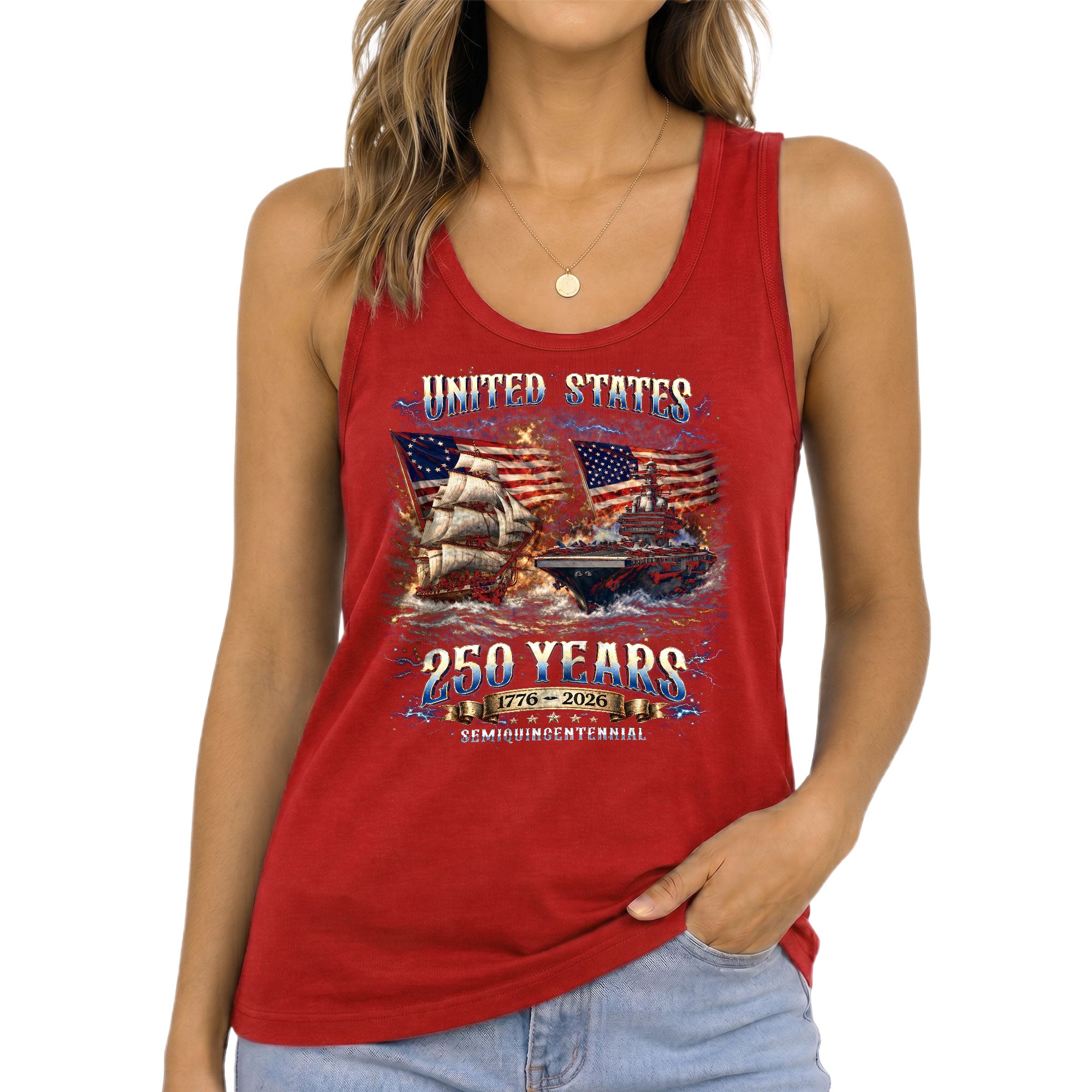 United States 250 Years 1776 2026 Womens Tank Top Vintage Patriotic Navy Sea Graphic Top