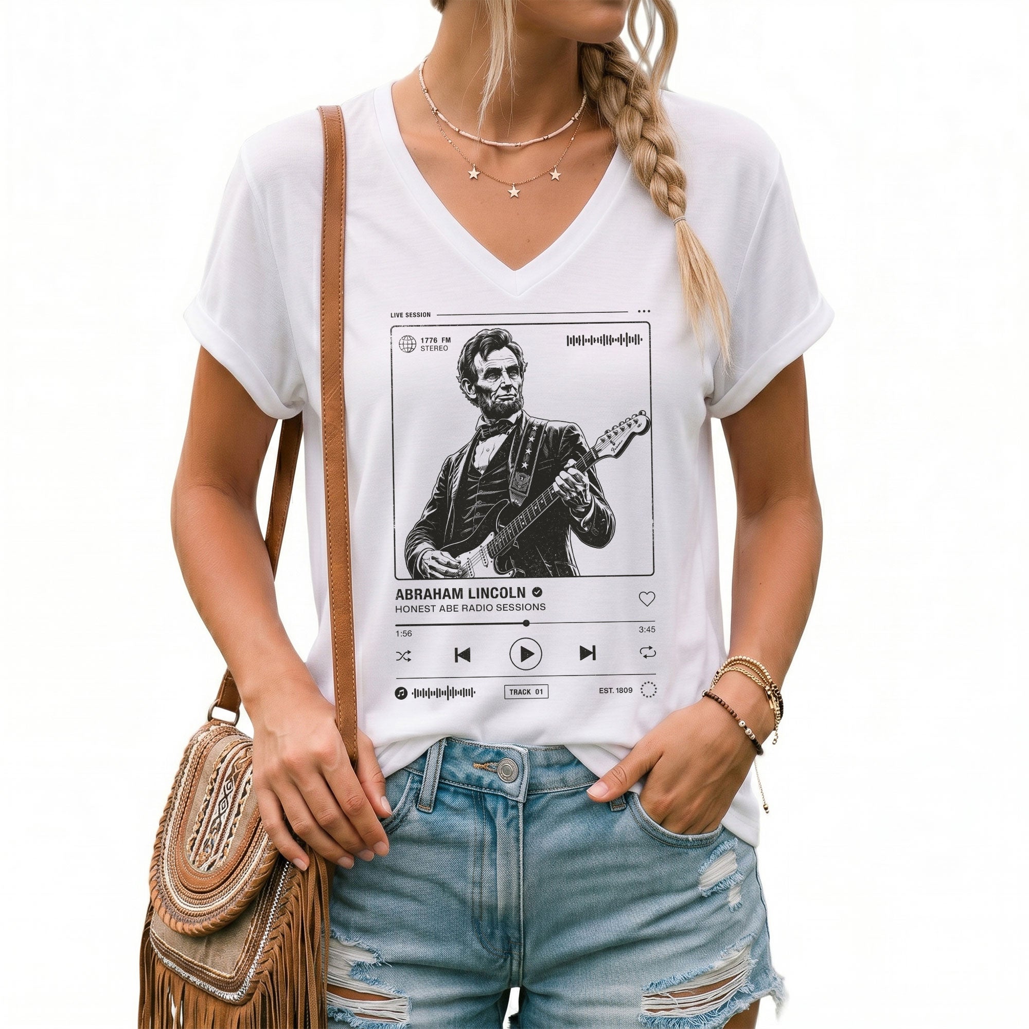 Abraham Lincoln Music Radio Session White V-neck Shirt - Vintage Graphic Apparel Tee