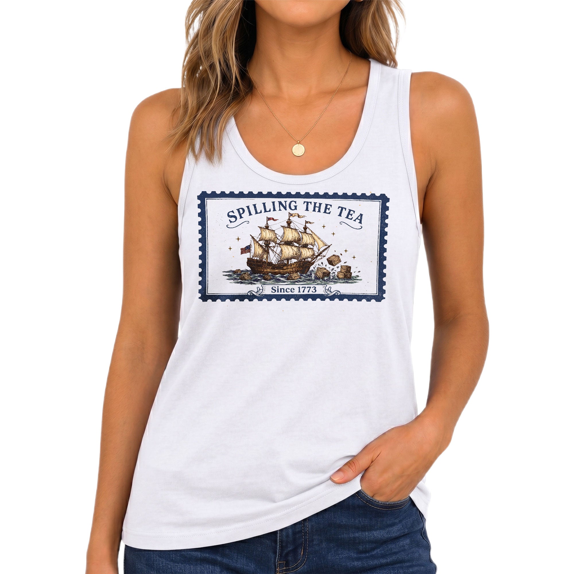 Vintage 1773 Spilling The Tea Graphic Tank Top Women Patriotic Sleeveless Apparel