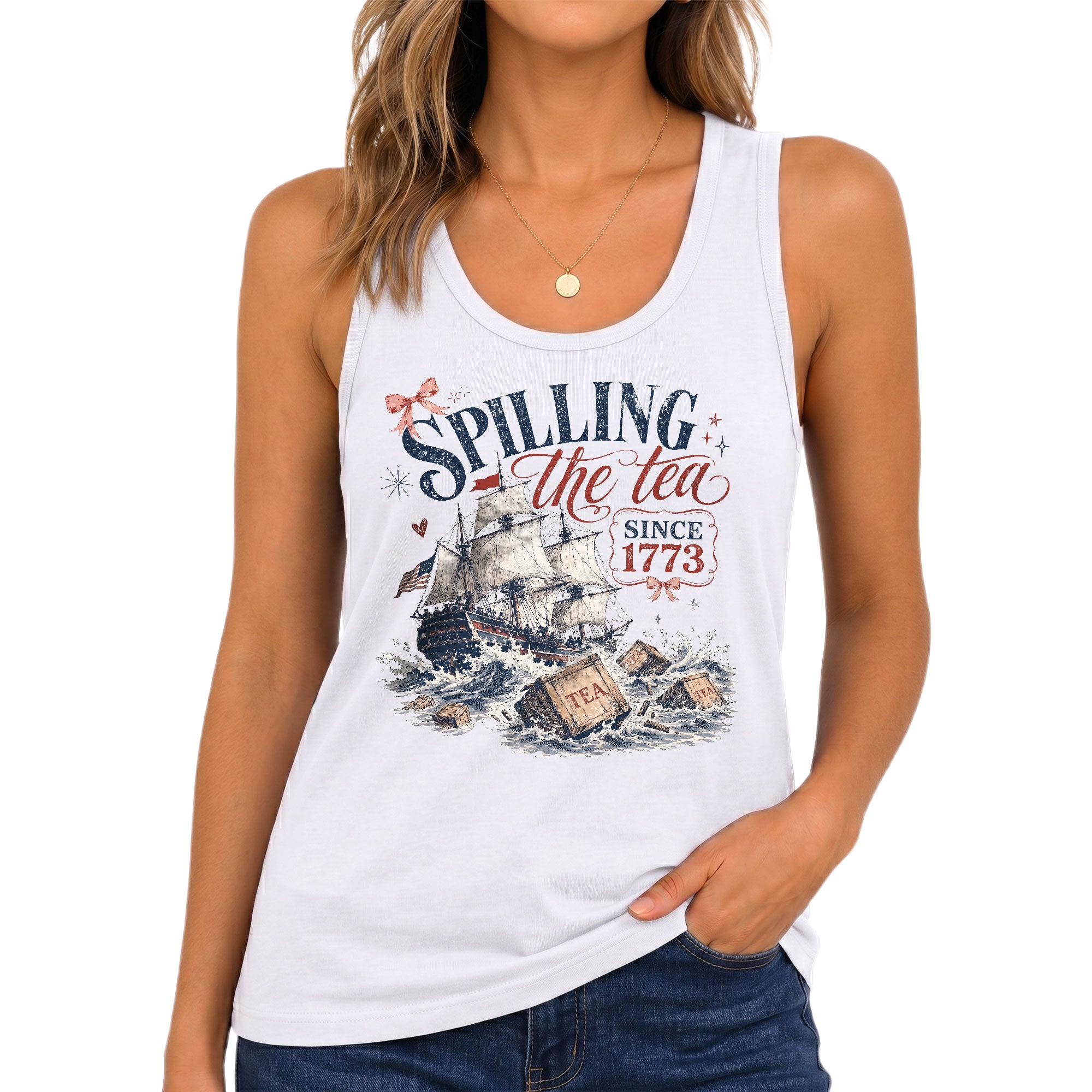Tank Top Women Spilling The Tea Since 1773 Patriotic Historical Graphic Sleeveless
