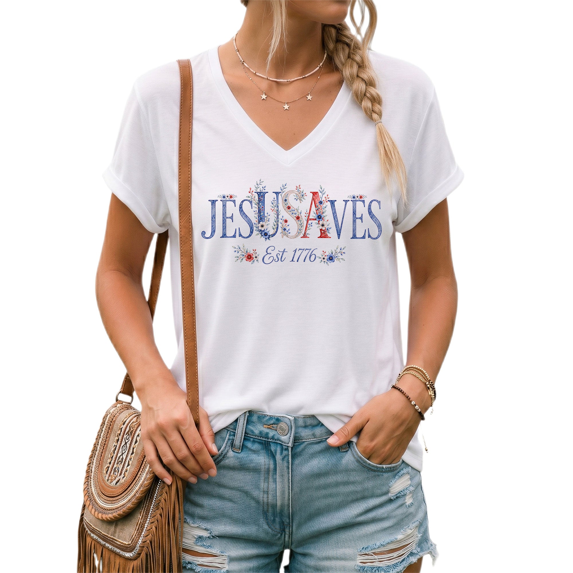 Floral Jesus Saves V-Neck Tee - Patriotic "Est 1776" Christian Faith Graphic Cotton Shirt