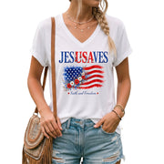 Floral Jesus Saves V-Neck Tee - Patriotic "Est 1776" Christian Faith Graphic Cotton Shirt