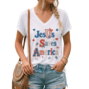 Jesus Saves America V-Neck Tee - Patriotic Patchwork Graphic Heritage 1776-2026 Cotton Shirt