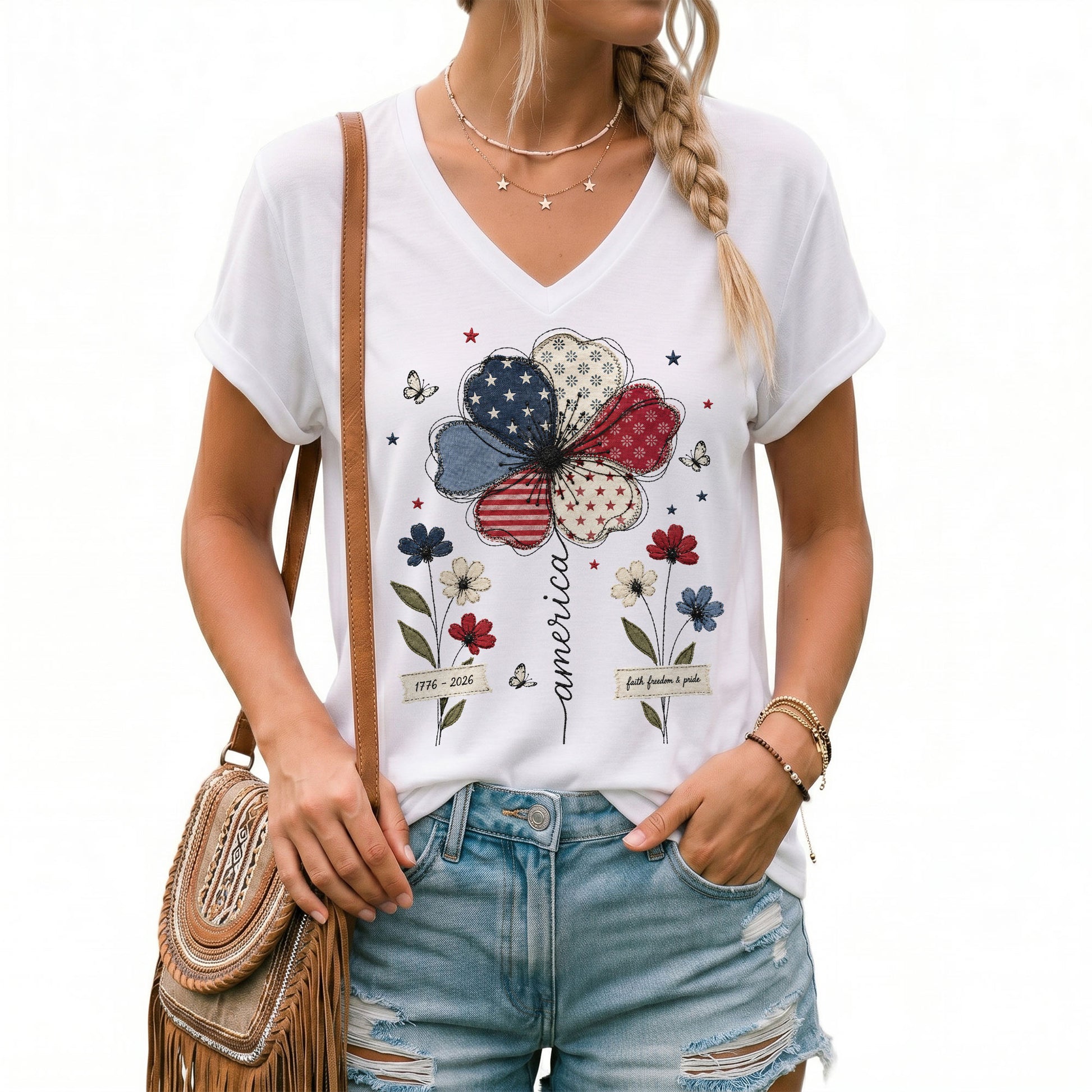 Patriotic V-Neck T-Shirt – Vintage Floral 1776-2026 Anniversary Graphic Tee for Women - Rust Field Wear