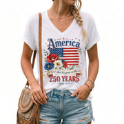 250 Years Since 1776 V-Neck T-Shirt – God Shed His Grace on Thee Patriotic Graphic - Rust Field Wear